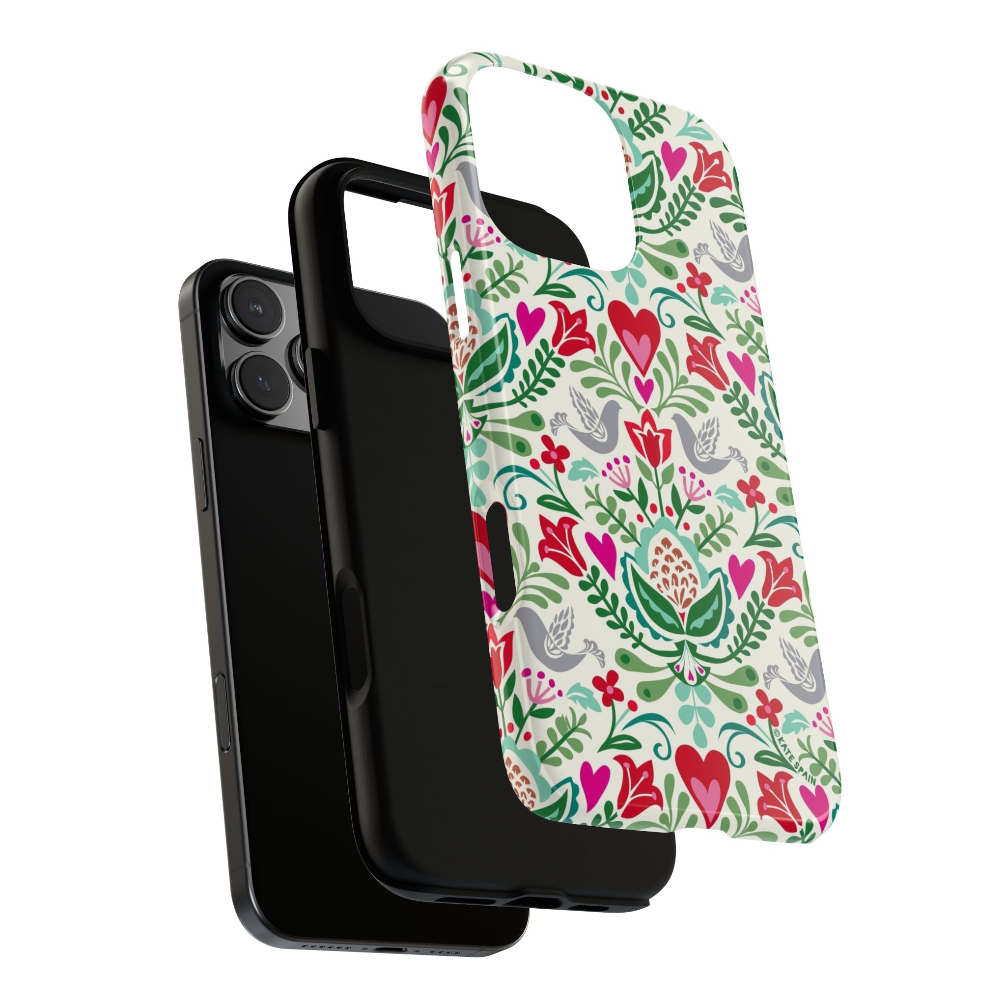 Rosemaling Tough iPhone 16 Pro Max Case – lifestyle/angled shot | cream, red, pink, green, gray folk art floral bird print