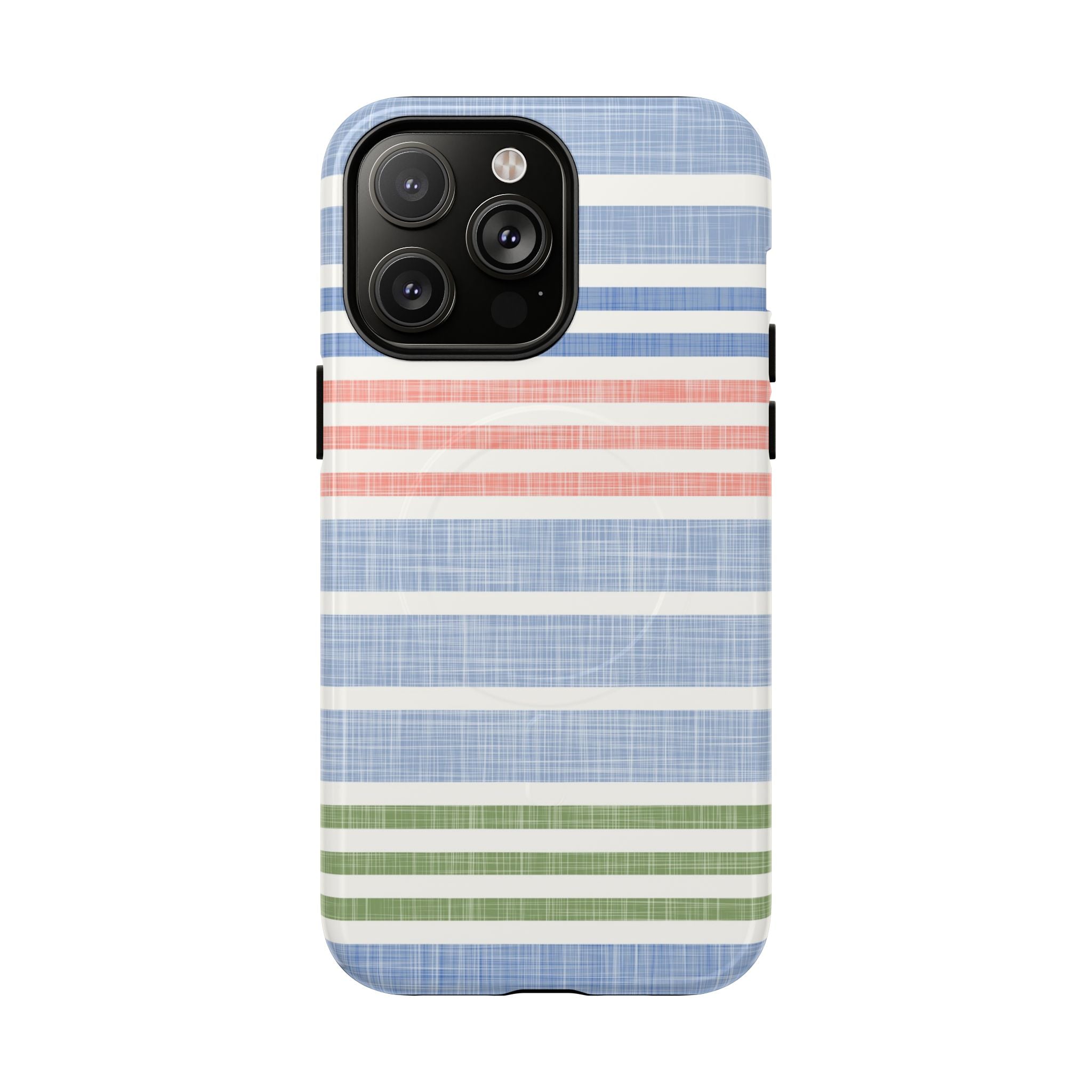 Cabana Stripe Pastel MagSafe iPhone 14 Pro Max Case – Glossy | soft blue, coral, sage green chambray-textured stripe print MagSafe compatible, dual-layer protection