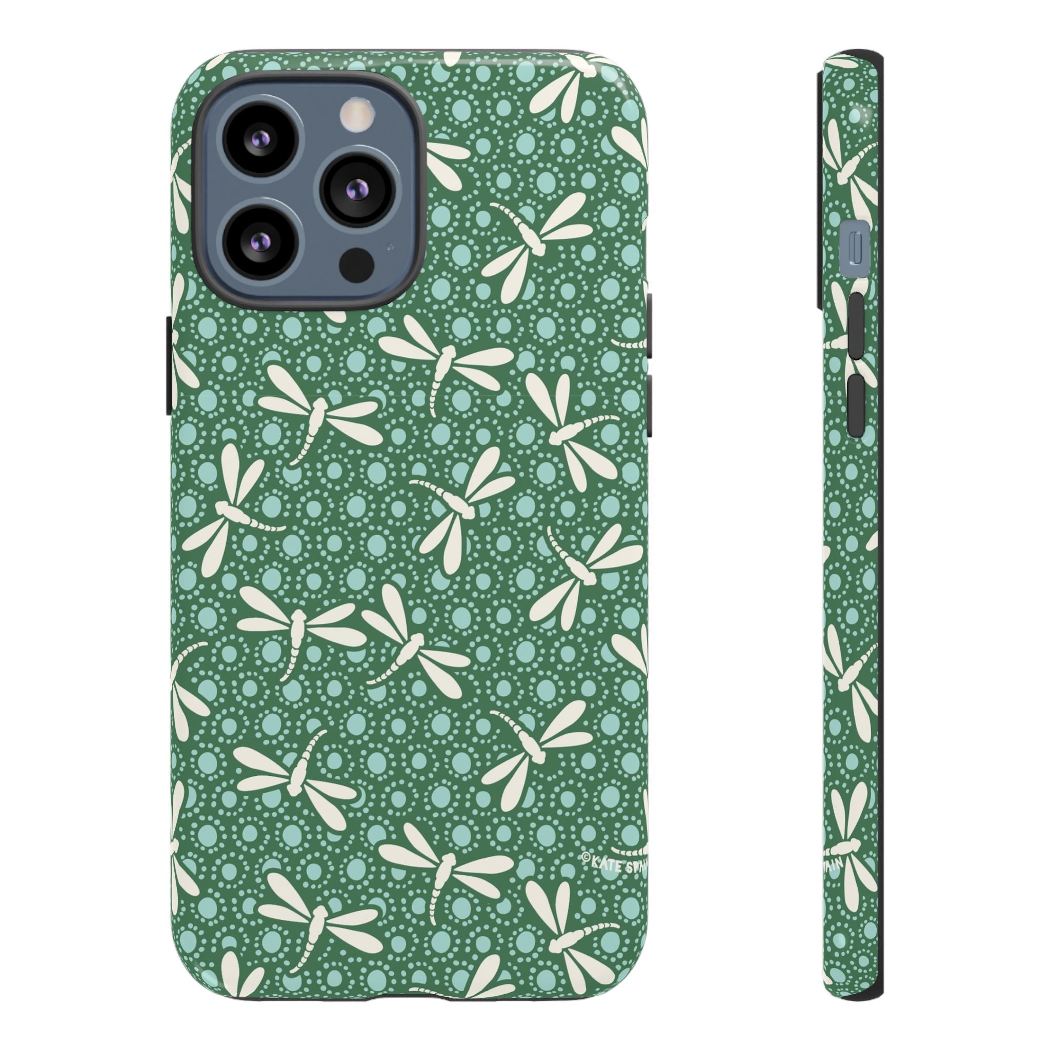 Designer Dragonfly Tough iPhone 13 Pro Max Case – Glossy | jade green, aqua, cream dragonfly print
