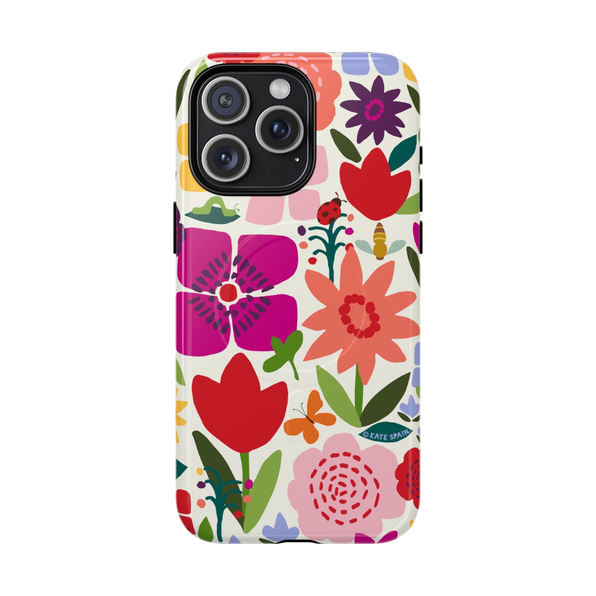 Happy Blooms MagSafe iPhone 15 Pro Max Case – Glossy | cream, red, magenta, coral botanical floral print