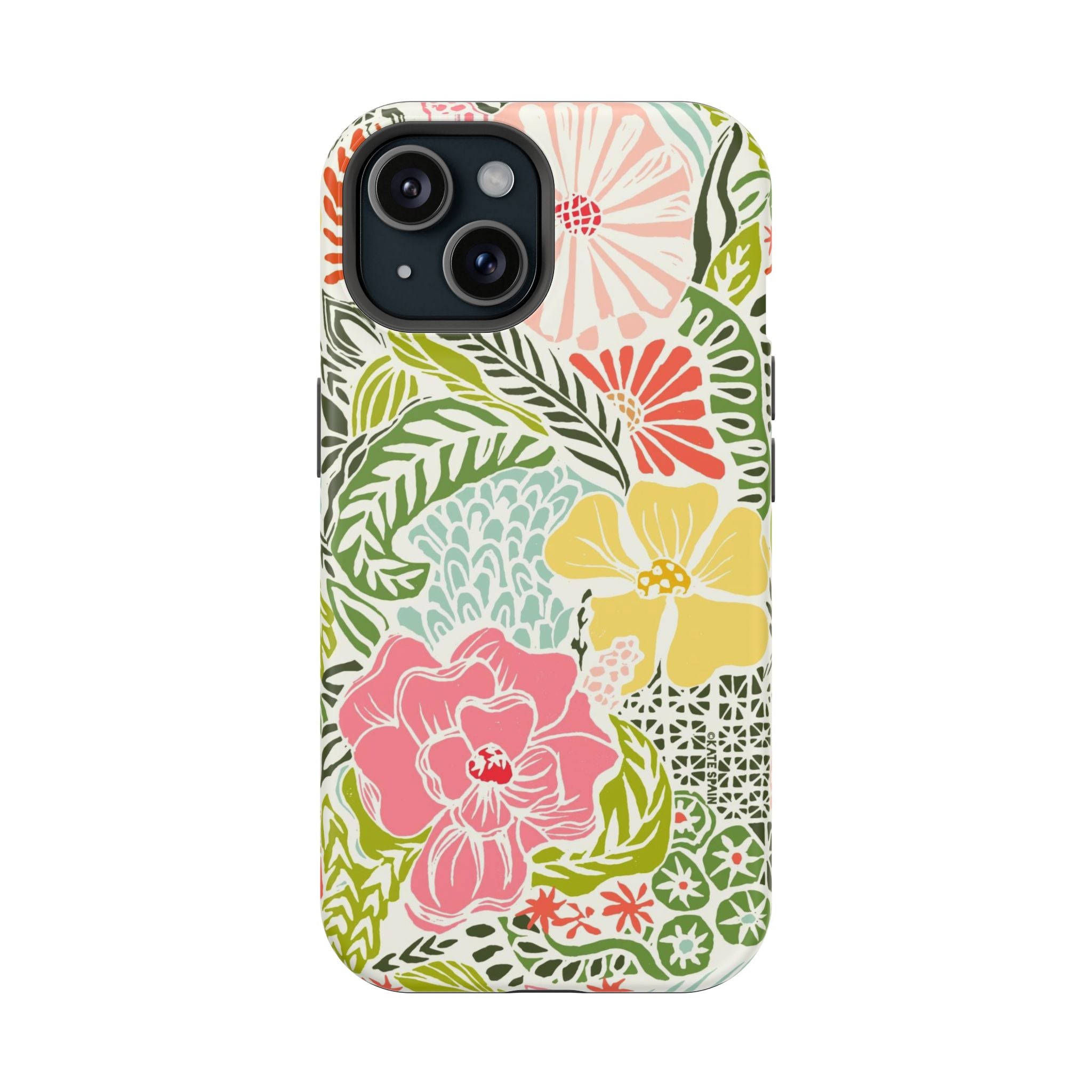 Tropica MagSafe iPhone 15 Case – Matte | cream, pink, yellow, blue botanical floral print MagSafe compatible, dual-layer protection