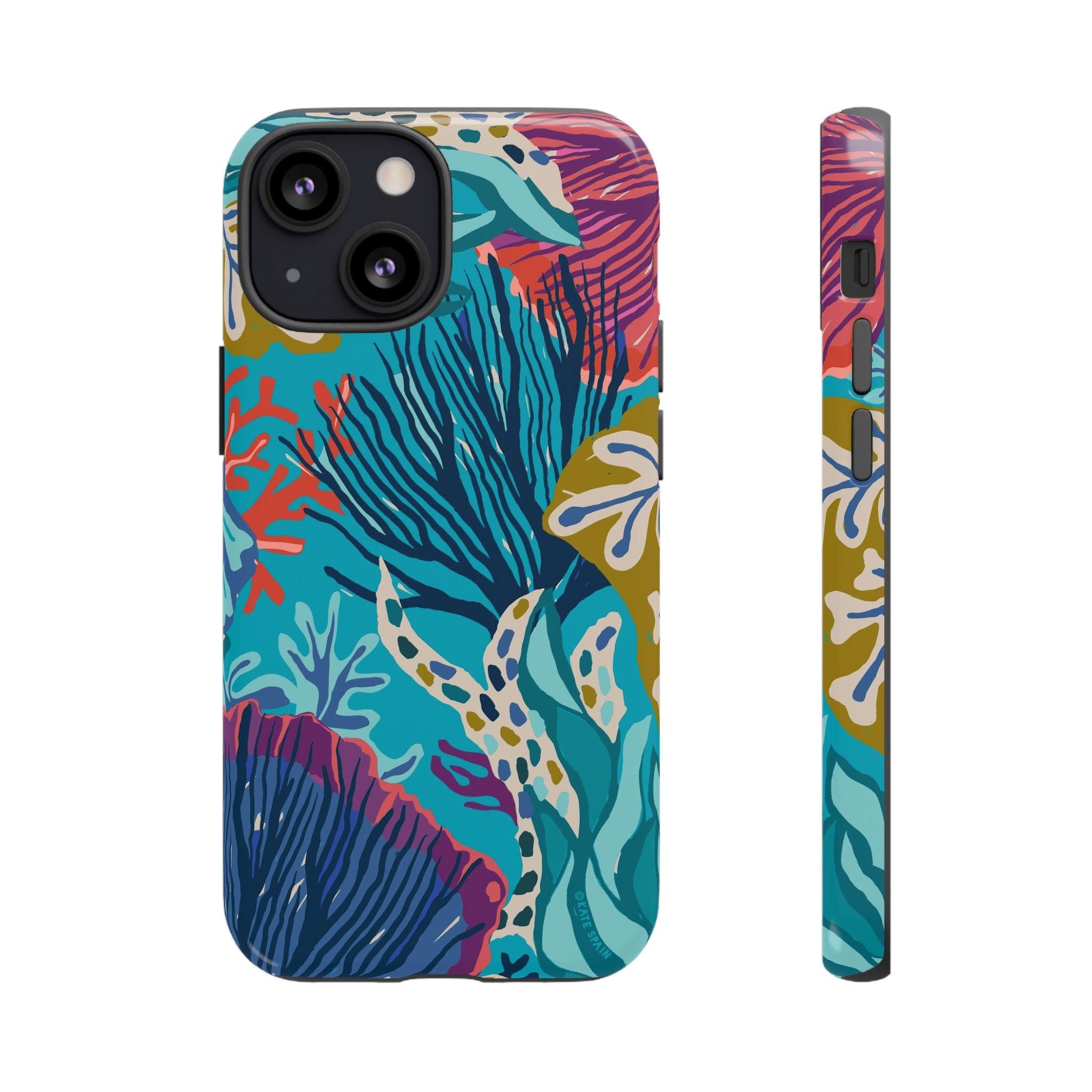 Reef Tough iPhone 13 Mini Case – Glossy | teal, coral, navy, purple botanical coral reef print