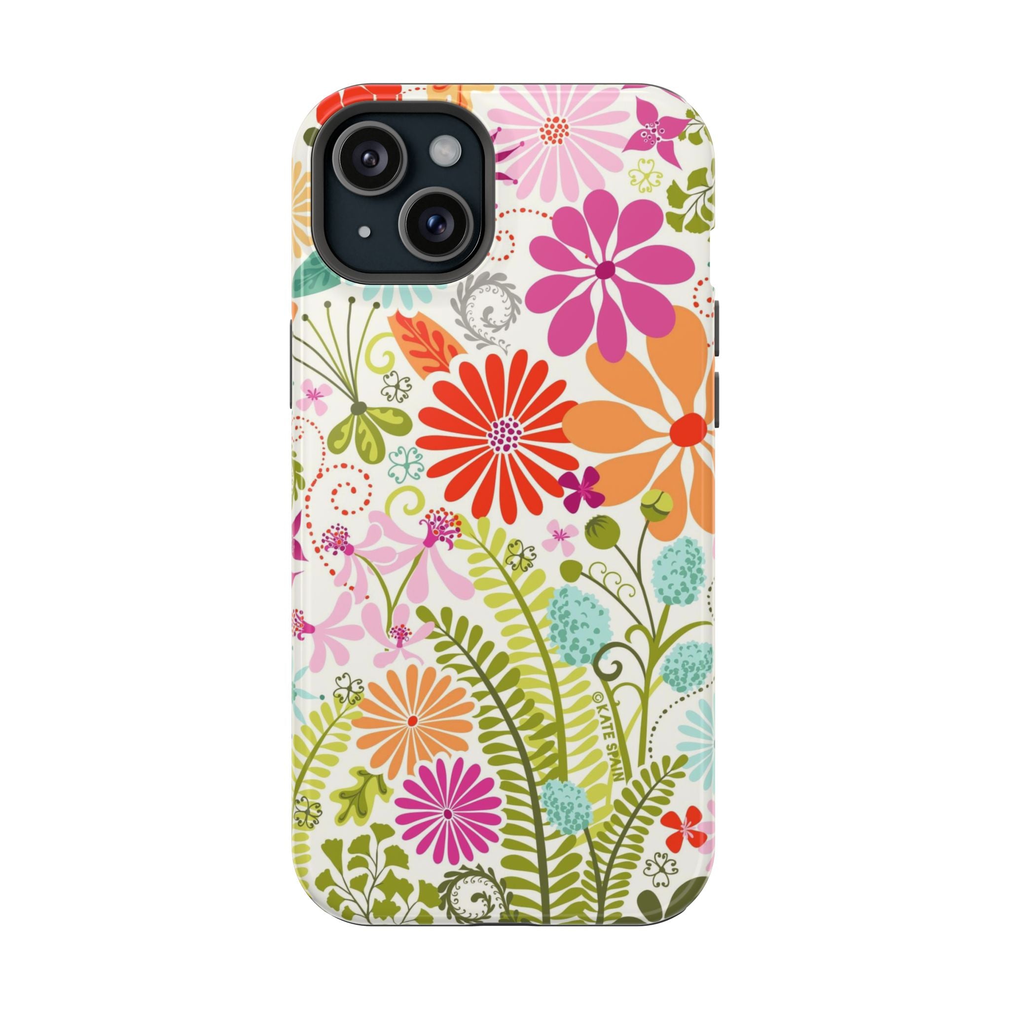 Luxury Terrain MagSafe iPhone 15 Pro Case – Glossy | white, magenta, coral botanical woodland floral print