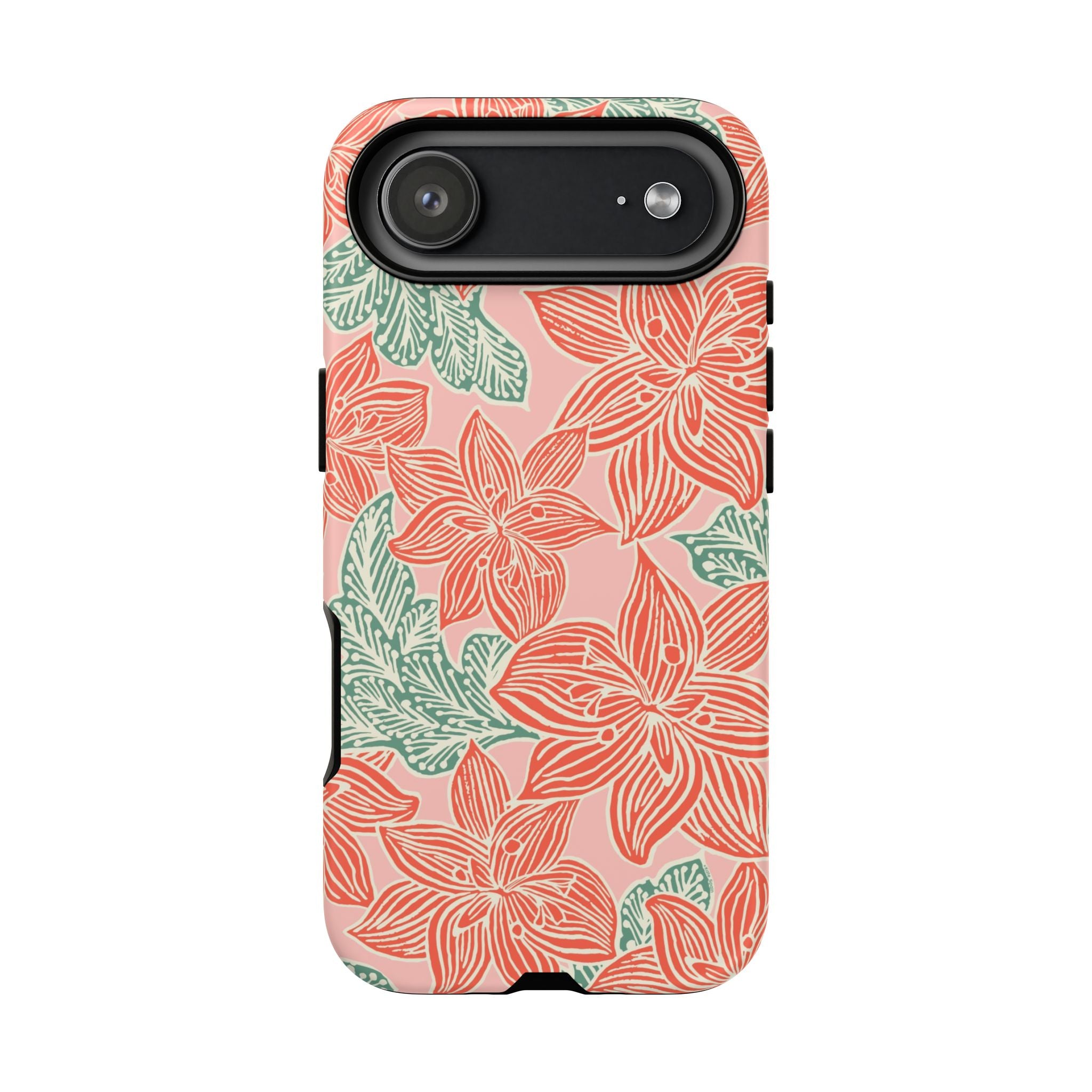 Hibiscus Coral iPhone 17 Air Matte Case — blush pink hard case with large-scale coral red hibiscus flowers and teal-green leaves in a bold botanical linework print, densely layered across the surface