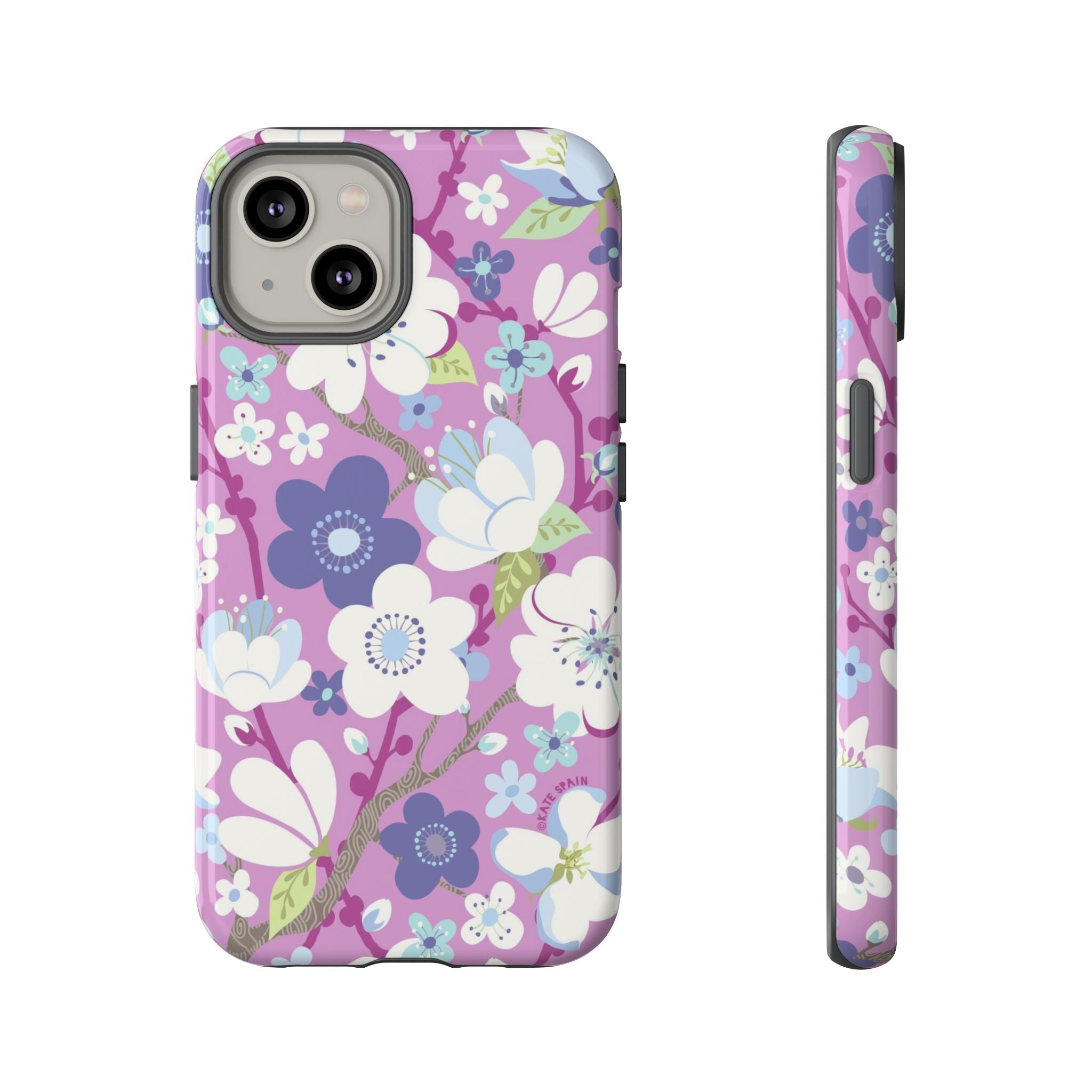 Luxury Cherry Blossom Tough iPhone 14 Case – Glossy | mauve, purple, blue, white cherry blossom print