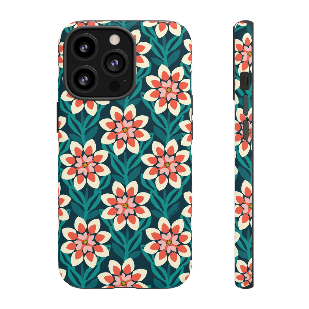Modern Dahlia Tough iPhone 13 Pro Case – Matte | teal, coral, cream geometric dahlia floral print