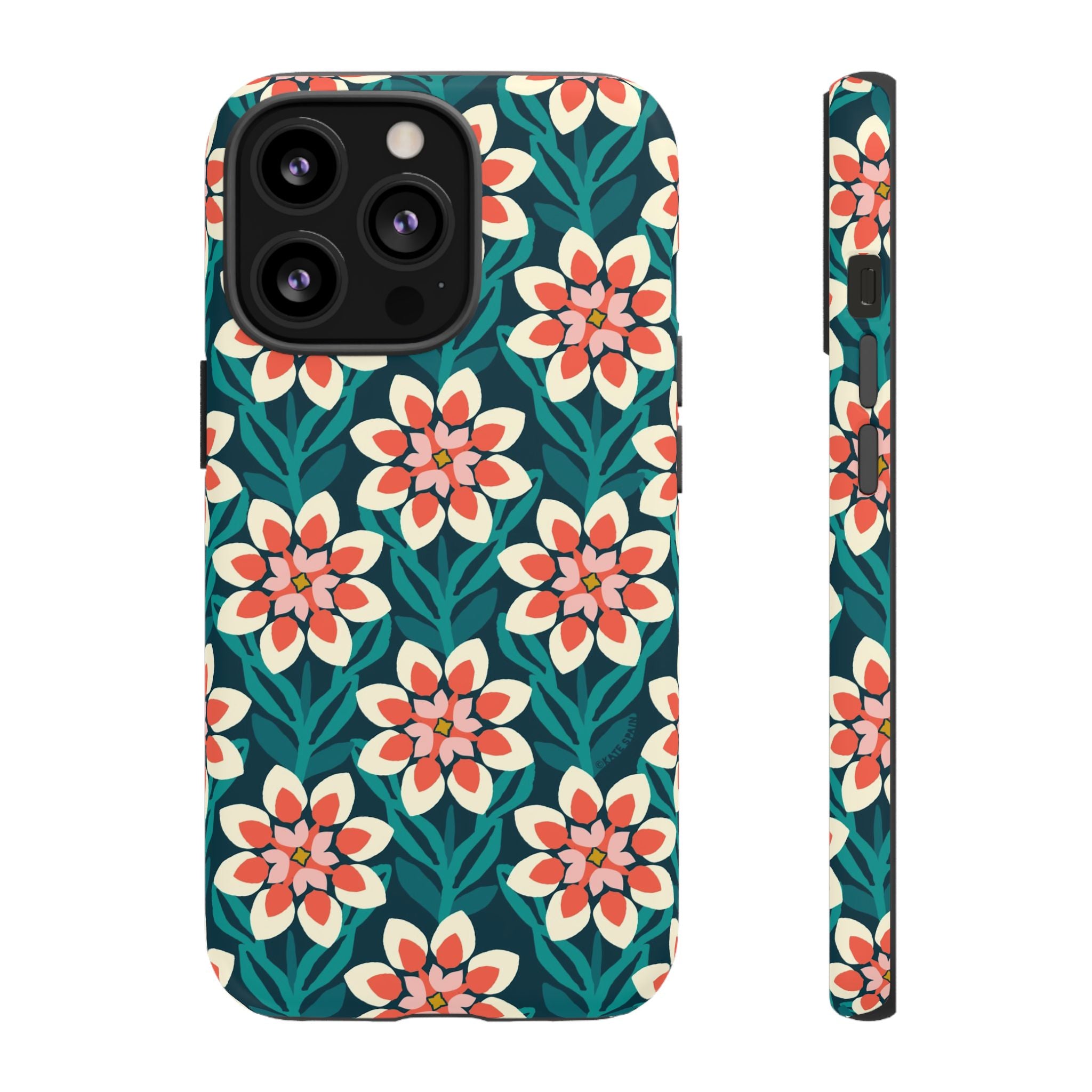 Modern Dahlia Tough iPhone 13 Pro Case – Matte | teal, coral, cream geometric dahlia floral print