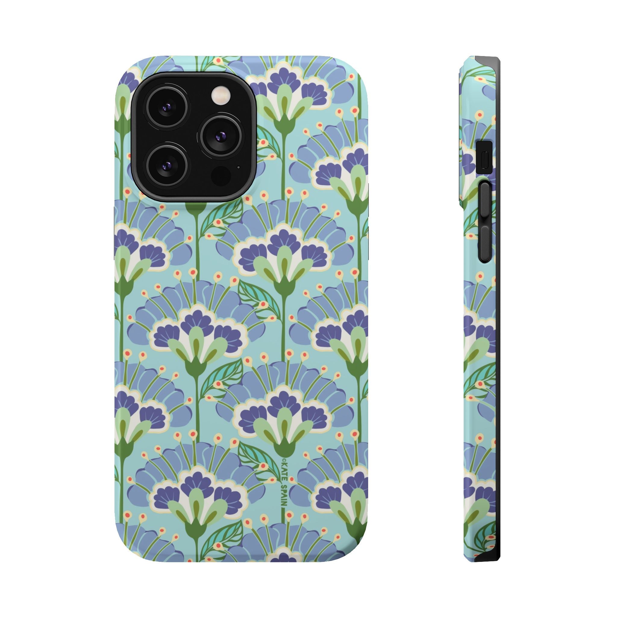 Lantern Flower MagSafe iPhone 14 Pro Max Case – Matte | aqua, periwinkle, green botanical lantern floral print MagSafe compatible, dual-layer protection