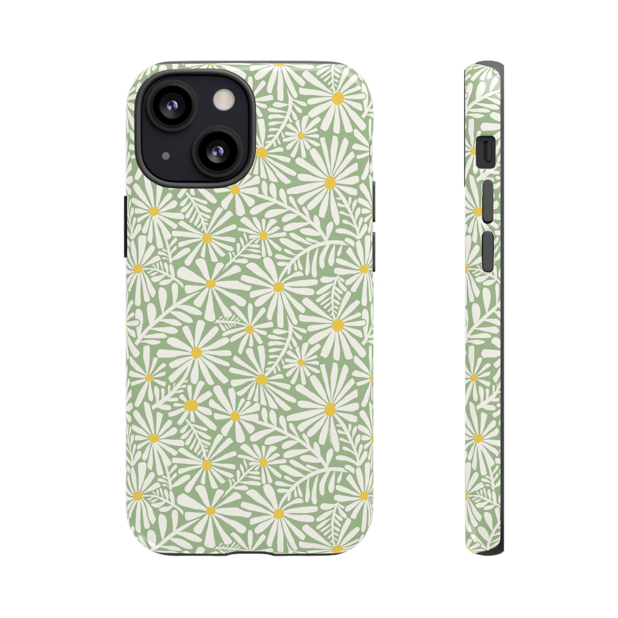 Montauk Daisy Meadow Green iPhone 13 Mini Case – Glossy | sage green, white graphic daisy and fern print, golden yellow centers | dual-layer protection