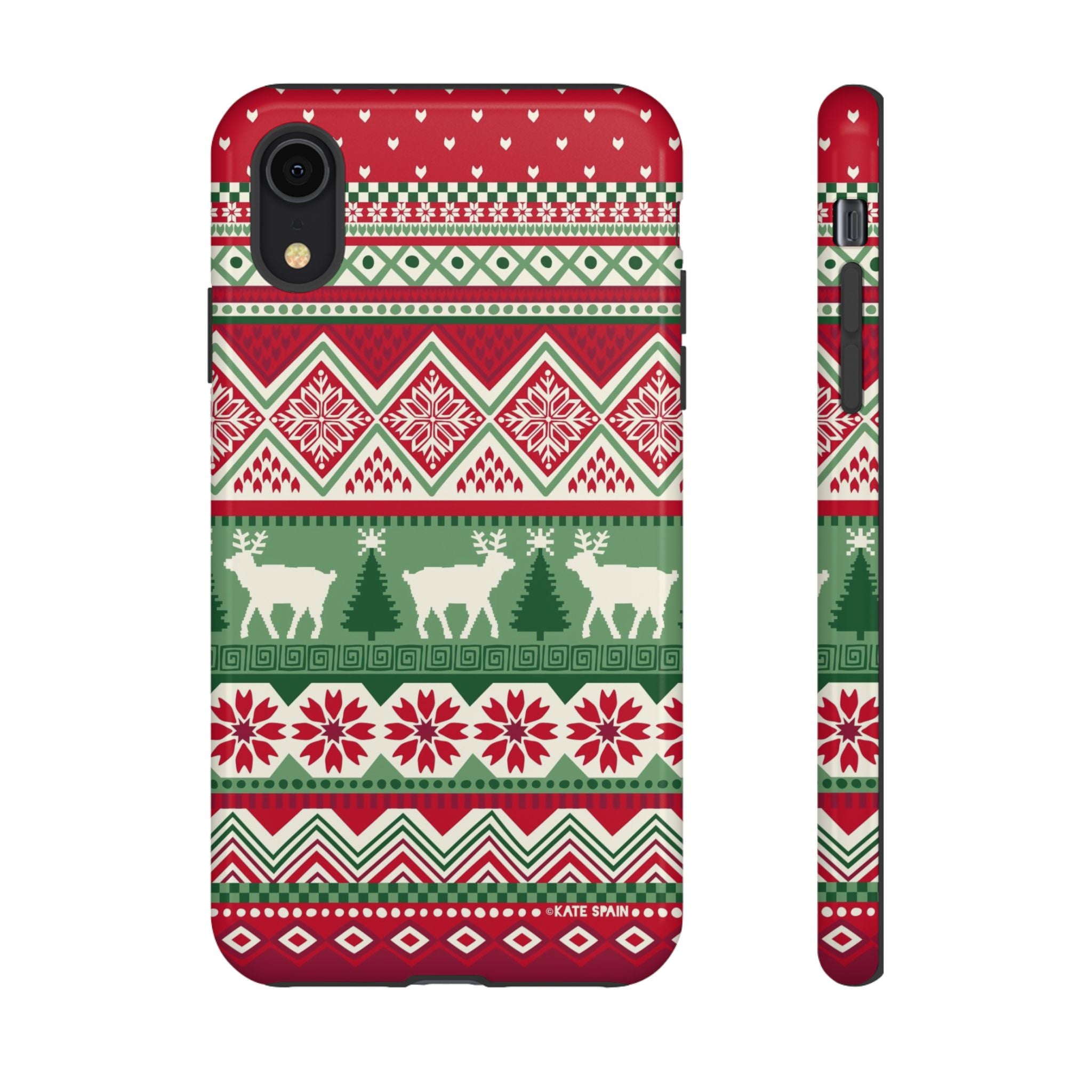 Telemark Tough iPhone XR Case – Glossy | red, green, cream fair isle reindeer Nordic print