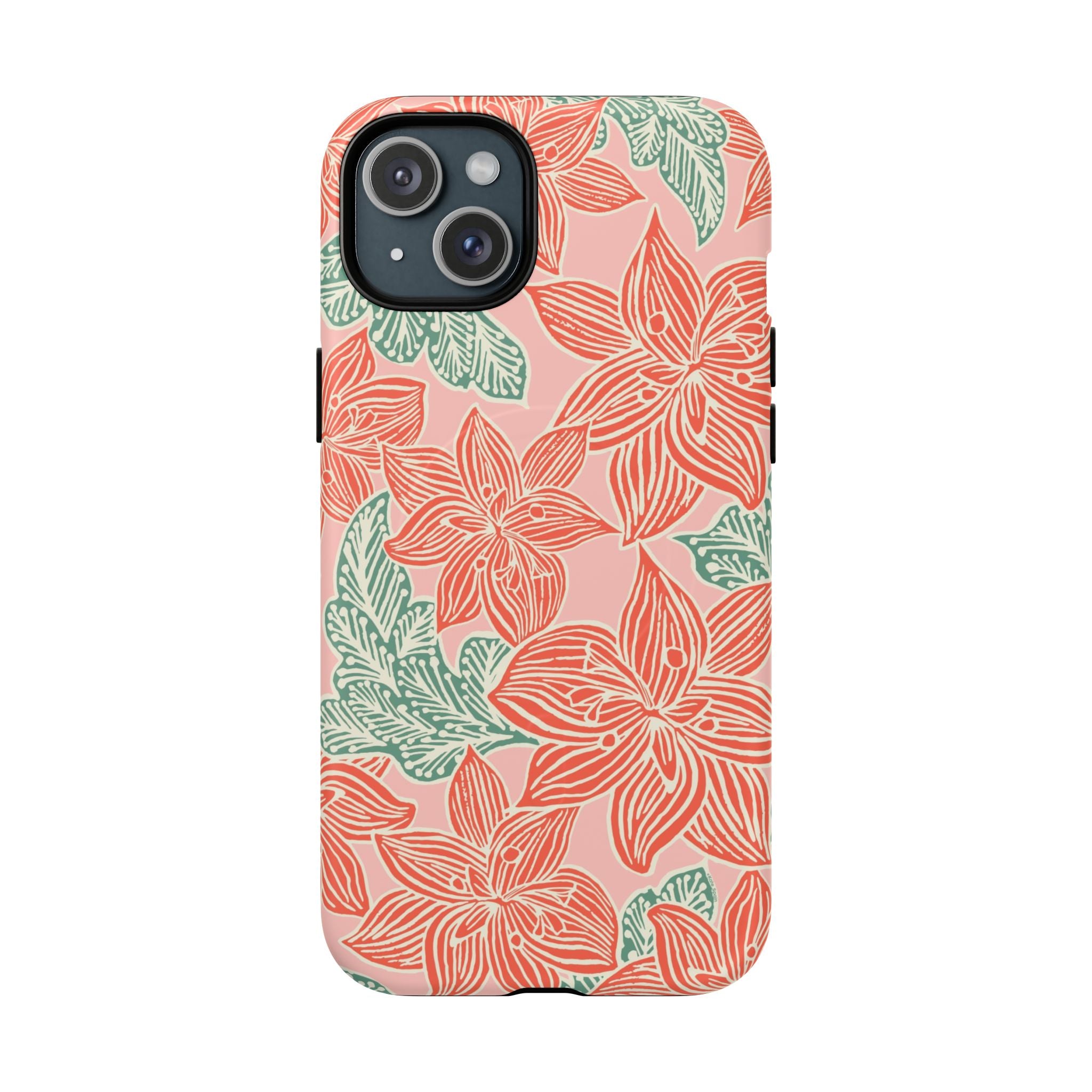 Hibiscus Coral MagSafe iPhone 15 Plus Matte Case — blush pink hard case with large-scale coral red hibiscus flowers and teal-green leaves in a bold botanical linework print, densely layered across the surface
