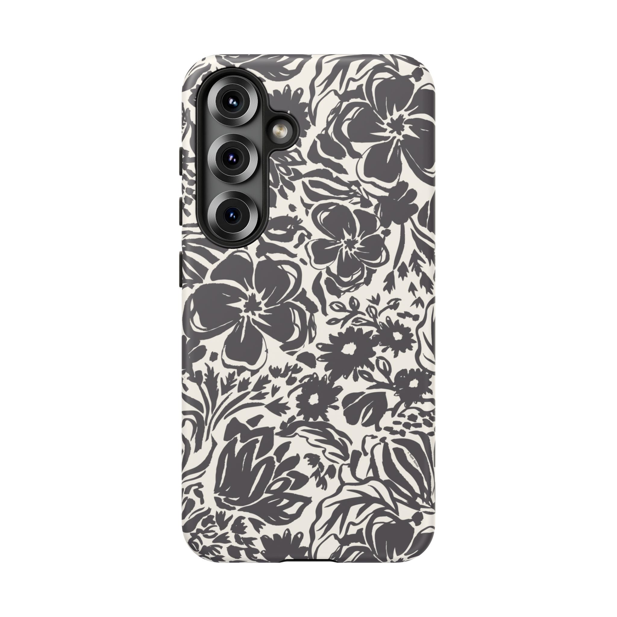 Rhapsody Black Samsung Galaxy S25 Glossy case — bold charcoal floral print on cream by Kate Spain