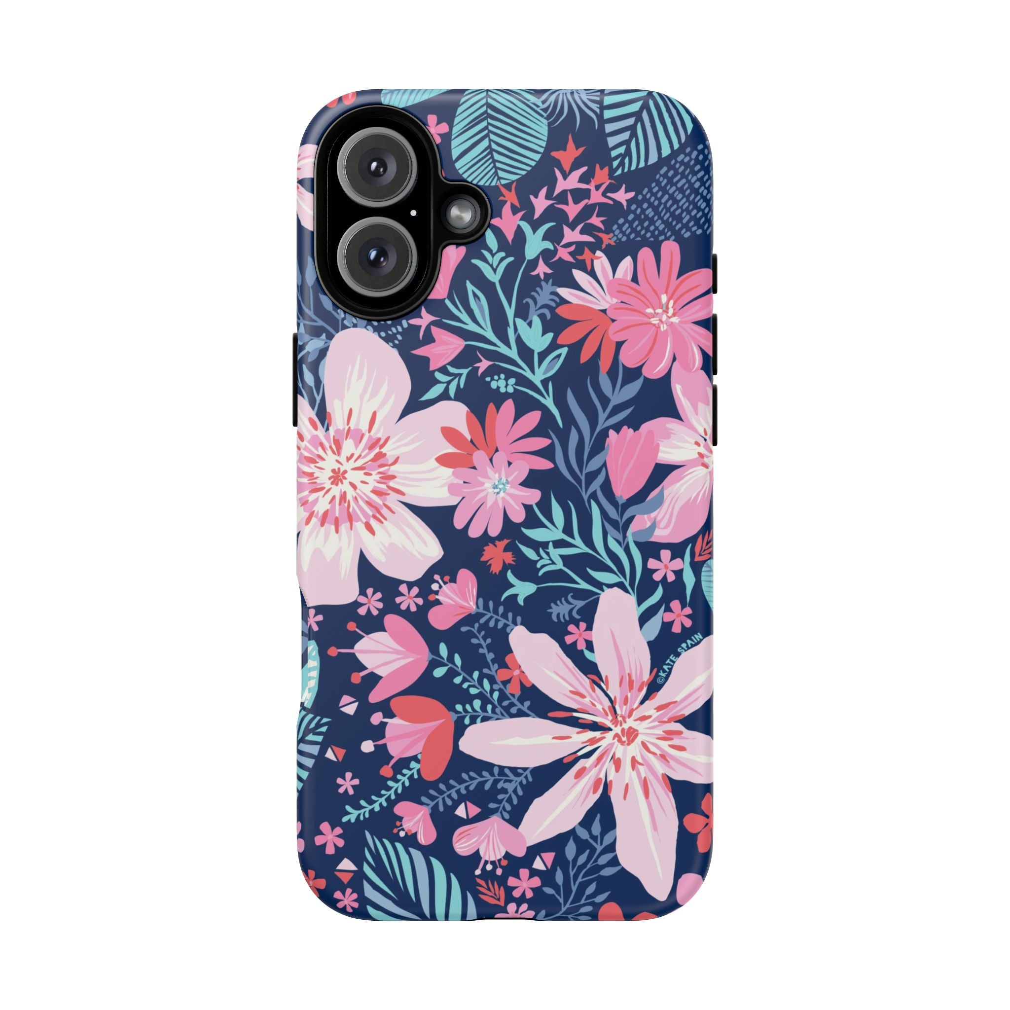 Bonaire Tough iPhone 16 Plus Case – Matte | navy, pink, white tropical floral botanical print