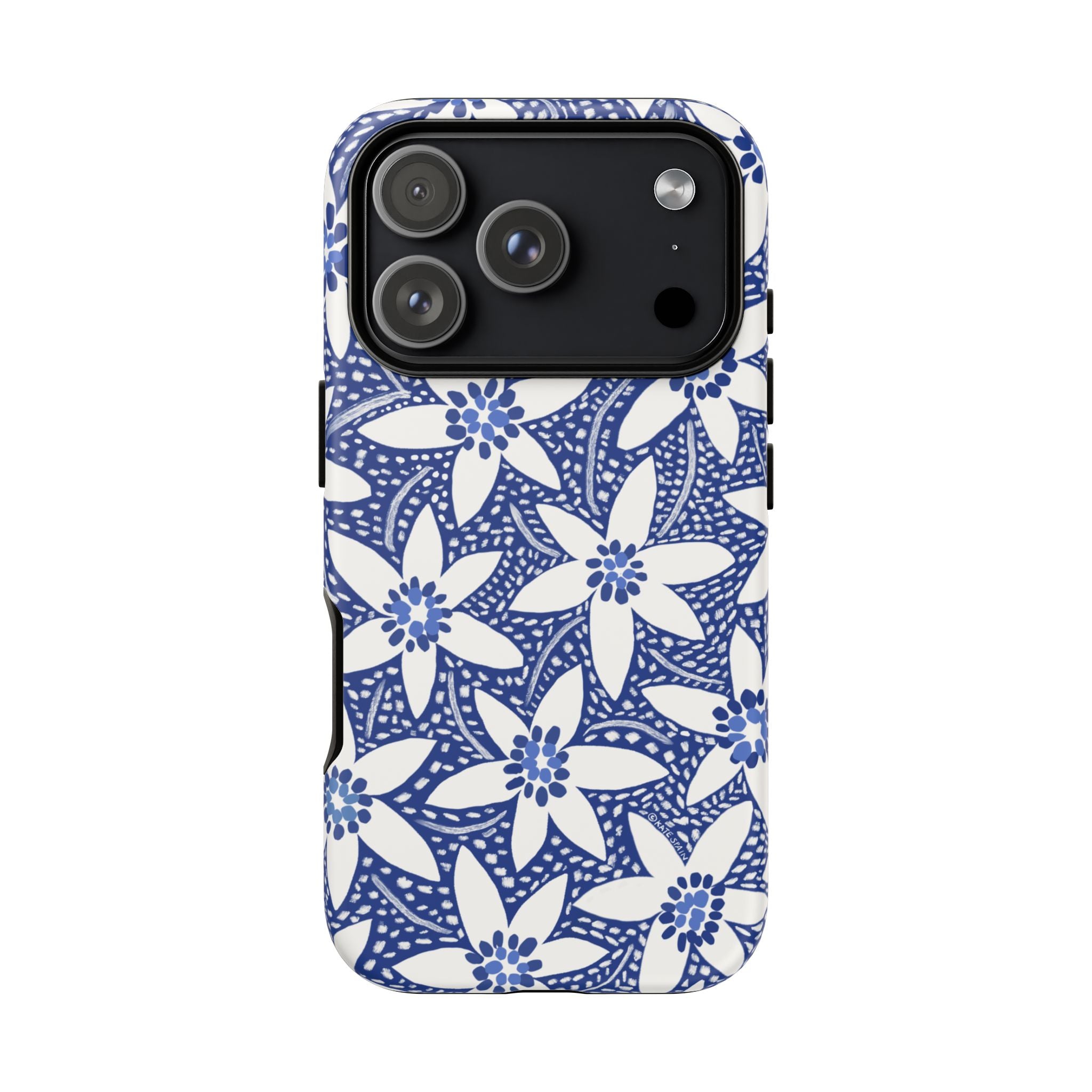 Starflower iPhone 17 Pro Case – Matte | navy, white geometric starflower print