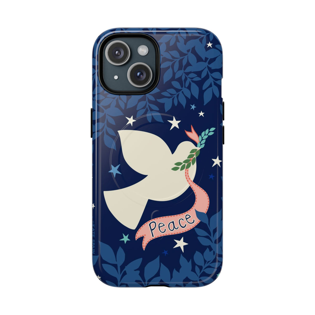 Peace MagSafe iPhone 15 Case – Glossy | navy, cream peace dove, stars, botanical print
