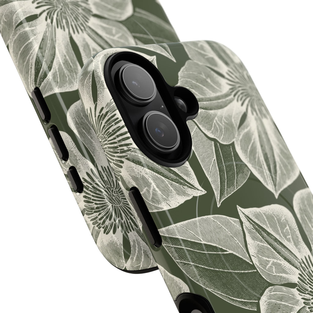 Vintage Bloom Cypress MagSafe iPhone 17 – Glossy | cypress green ground, large-scale white clematis print, angled view showing camera cutout and buttons, dual-layer protection