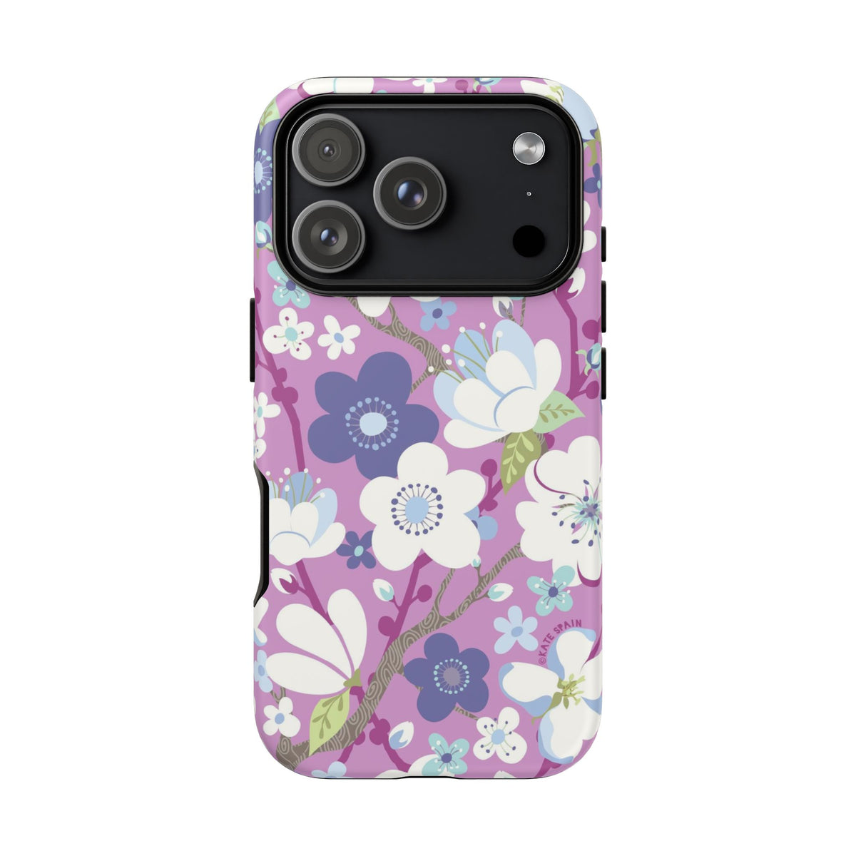 Purple Cherry Blossom Tough iPhone 17 Pro Case – Matte | mauve, white, periwinkle cherry blossom floral print