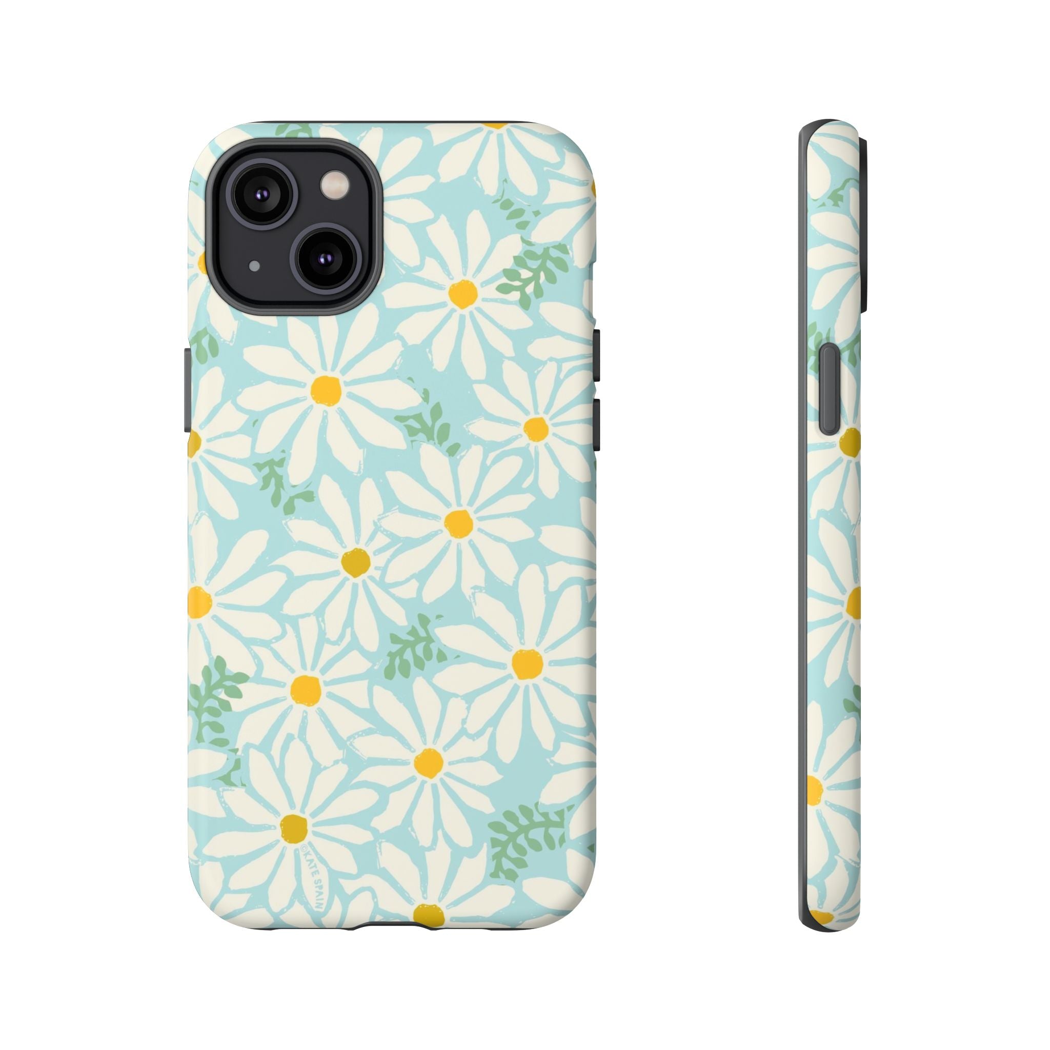 Daisies Tough iPhone 14 Plus Case – Matte | mint, white, yellow botanical daisy floral print