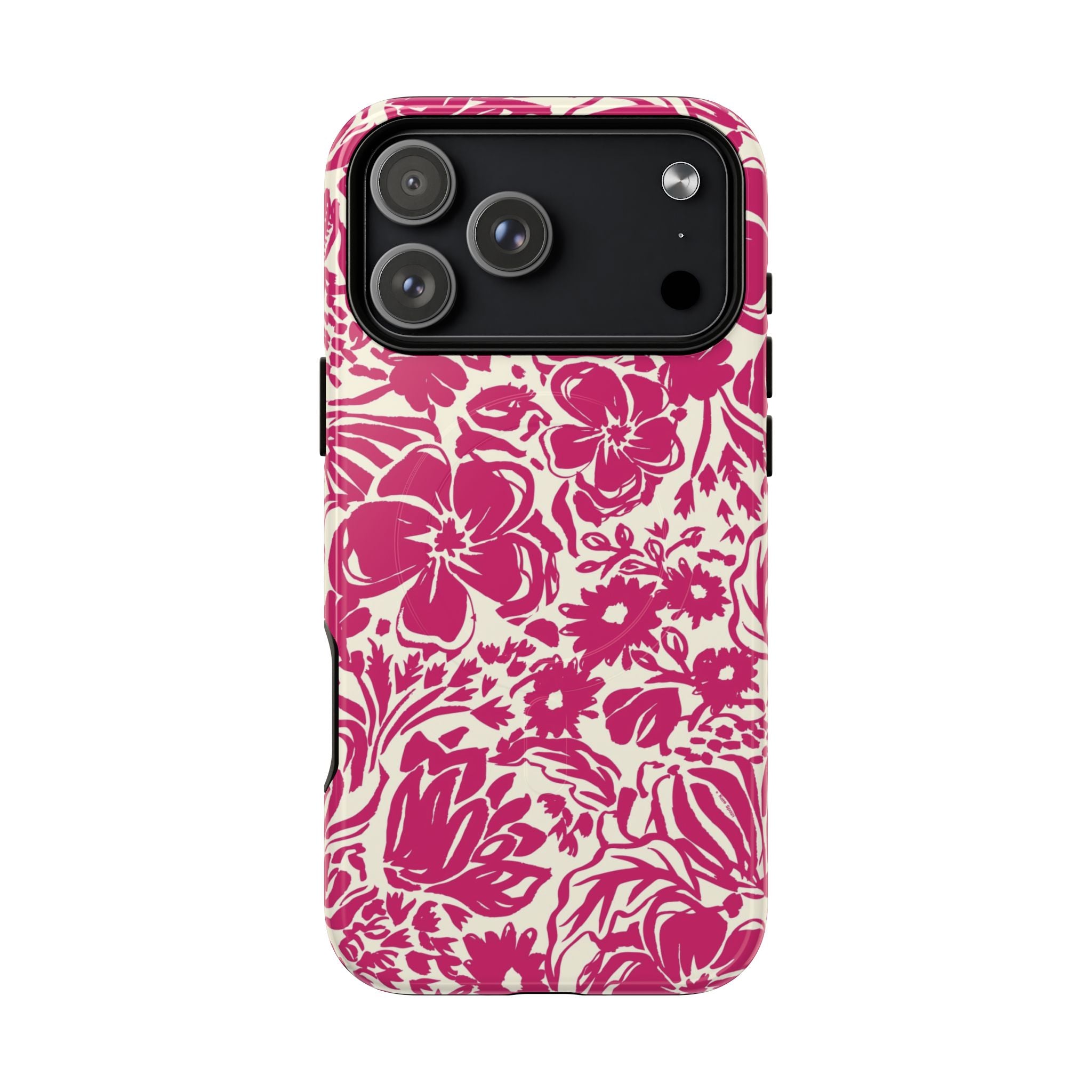 Rhapsody Bright Pink MagSafe iPhone 17 Pro Max Glossy case — bold magenta floral print on cream by Kate Spain