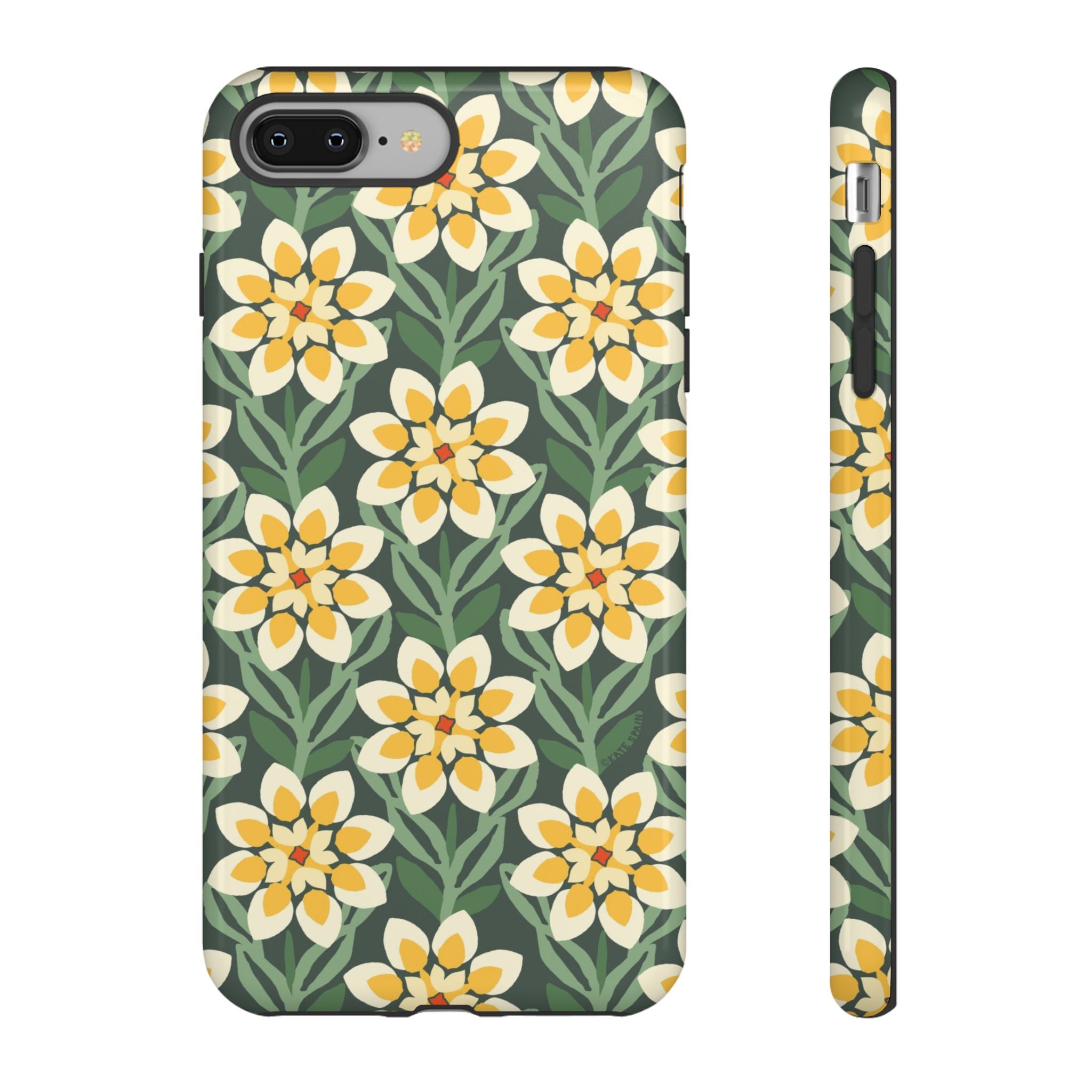 Designer Modern Dahlia Tough iPhone 8 Plus Case – Glossy | yellow, cream, green dahlia floral print