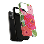 Bloomerie Fuchsia MagSafe iPhone 17 Case – Glossy | cream, magenta, coral botanical peony floral print | angled view closeup of camera cutout and buttons
