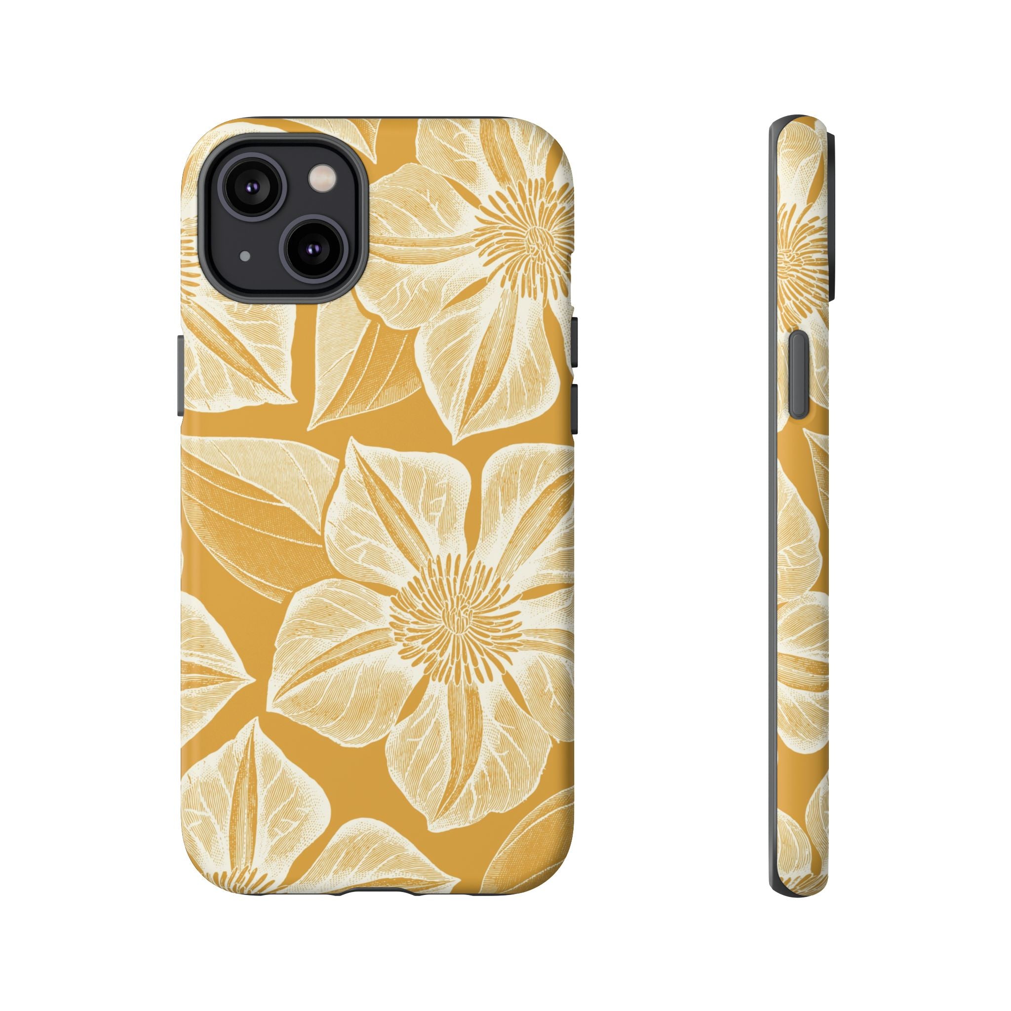Vintage Bloom Gold iPhone 14 Plus case – Matte | gold ground, large-scale cream clematis print, engraved petal detail, dual-layer protection