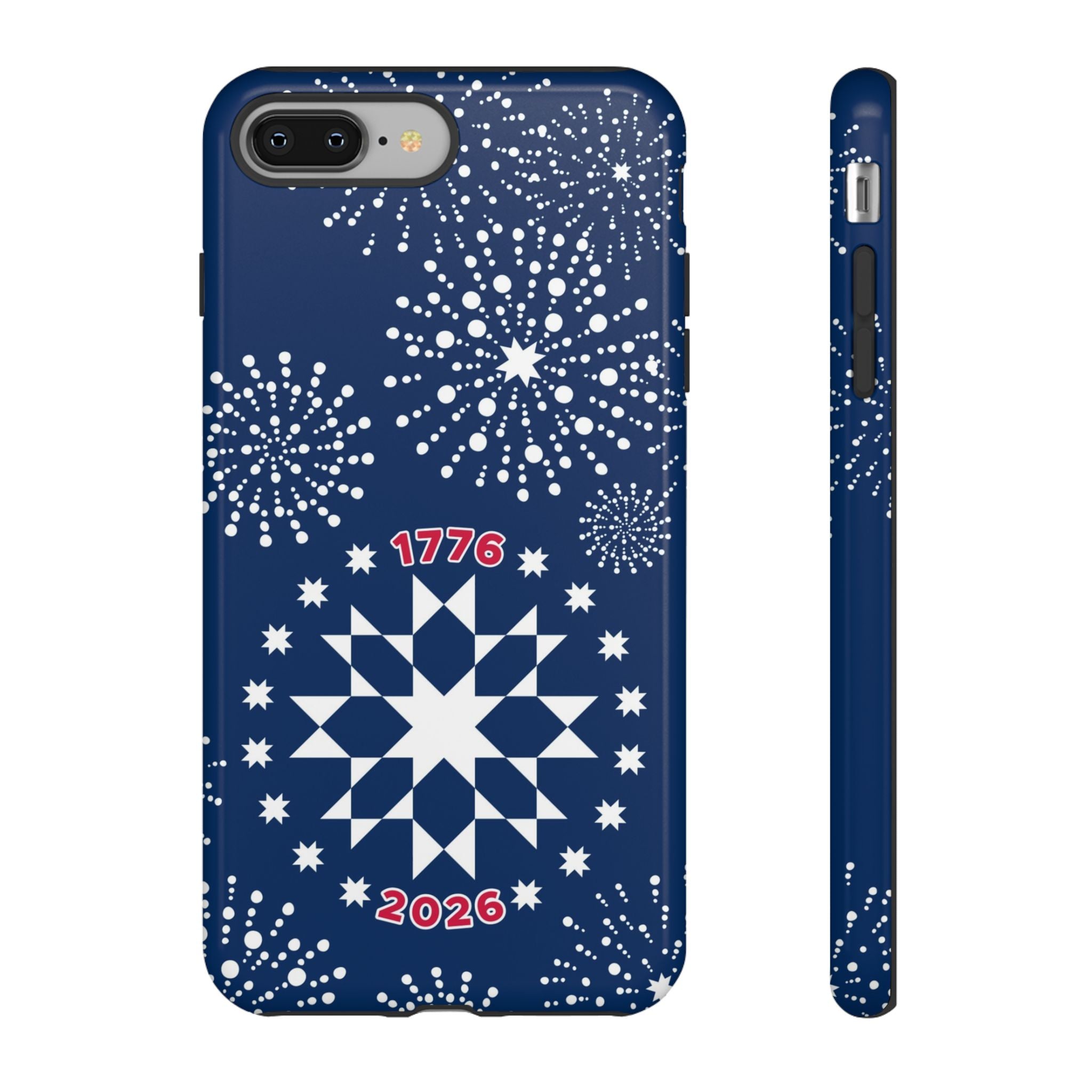 250th Fireworks Tough iPhone 8 Plus Case – Glossy | navy, white patriotic star quilt fireworks print