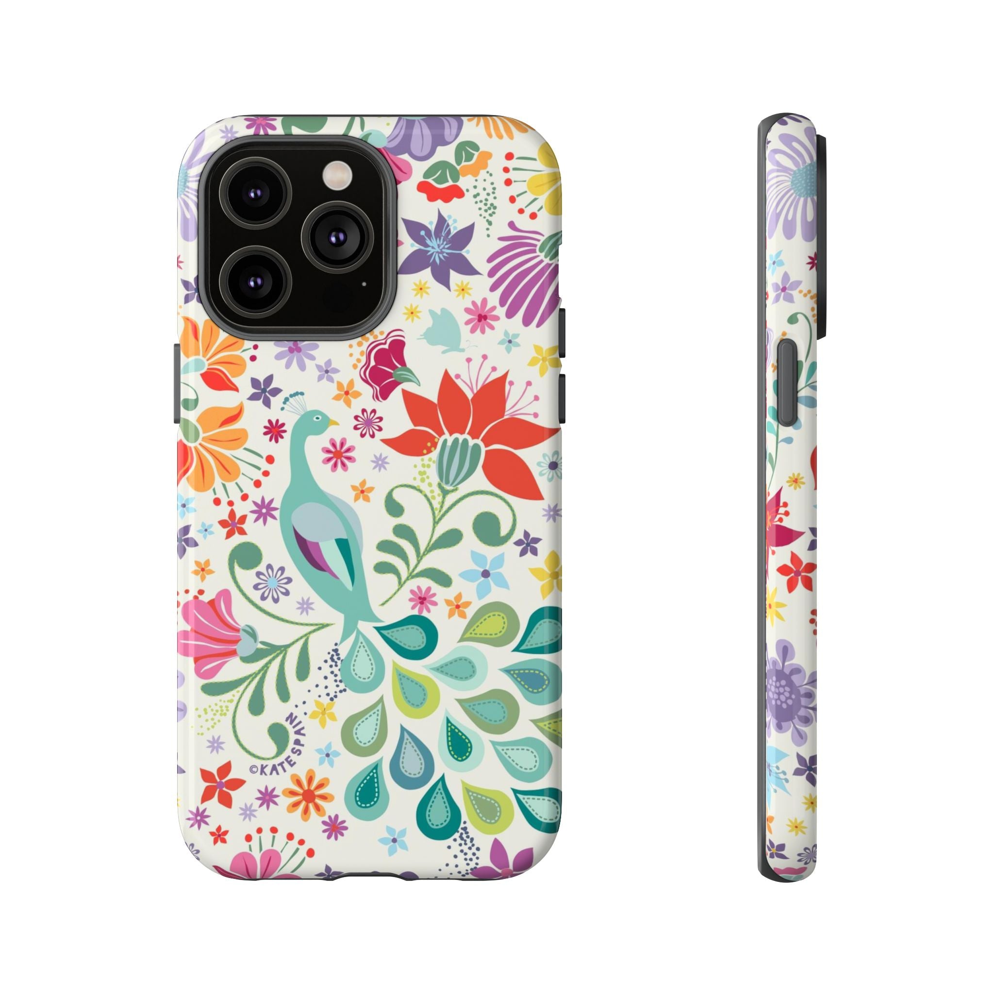 Peacock Sanctuary Tough iPhone 14 Pro Max Case – Glossy | white, teal, coral multicolor vibrant peacock feather botanical print