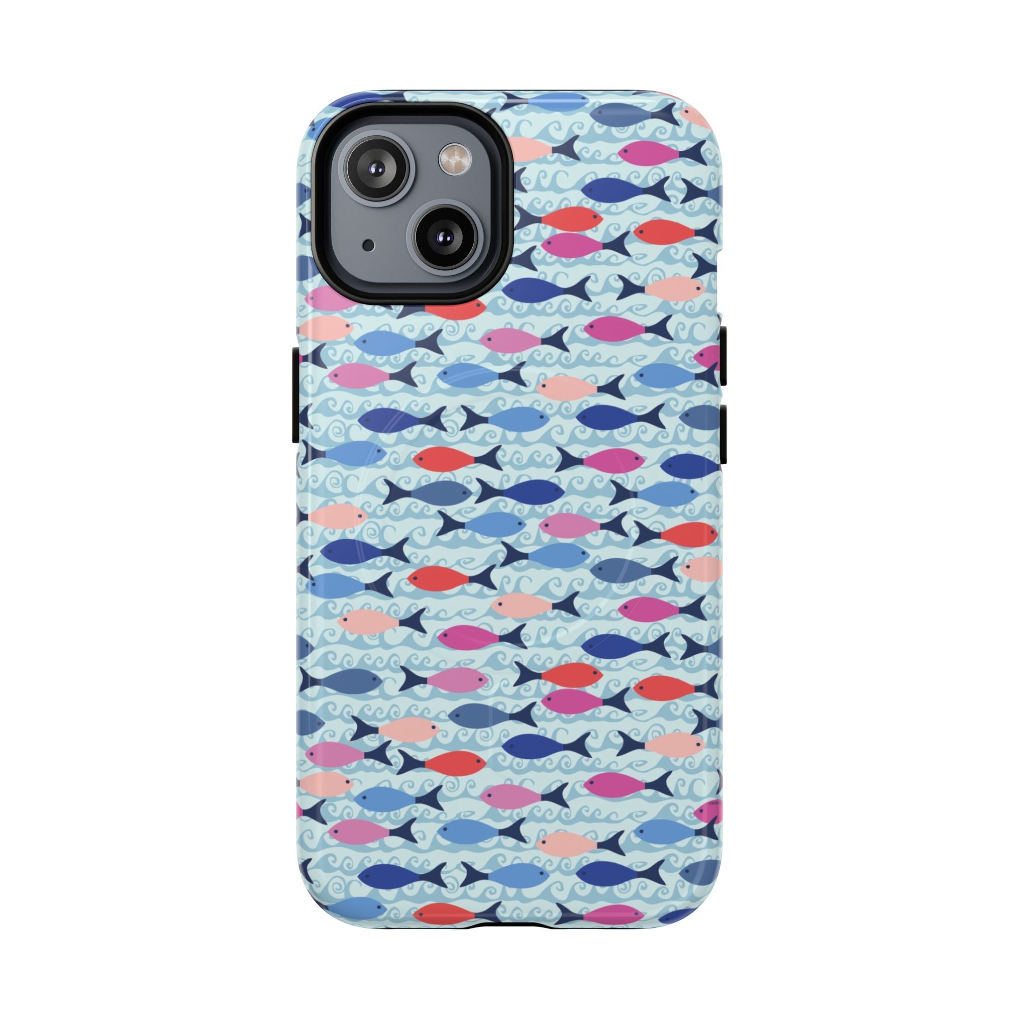 Summer Minnows MagSafe iPhone 14 Case – Glossy | navy, coral, pink, and periwinkle fish on a pale aqua ground
