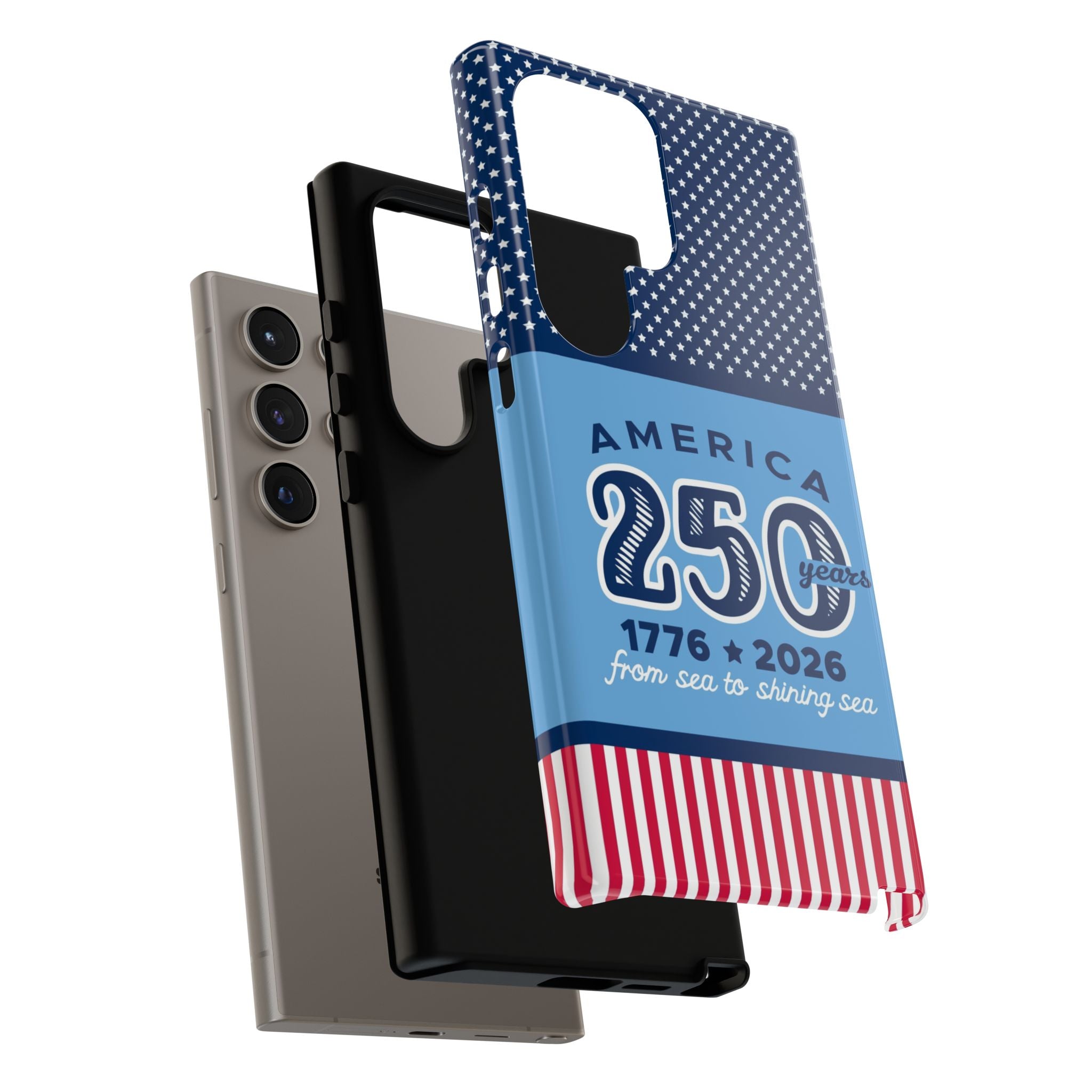 Sea to Shining Sea Samsung Galaxy S24 Ultra Case – blowout of the dual-layered construction of the case in navy, sky blue, red patriotic America 250 commemorative print