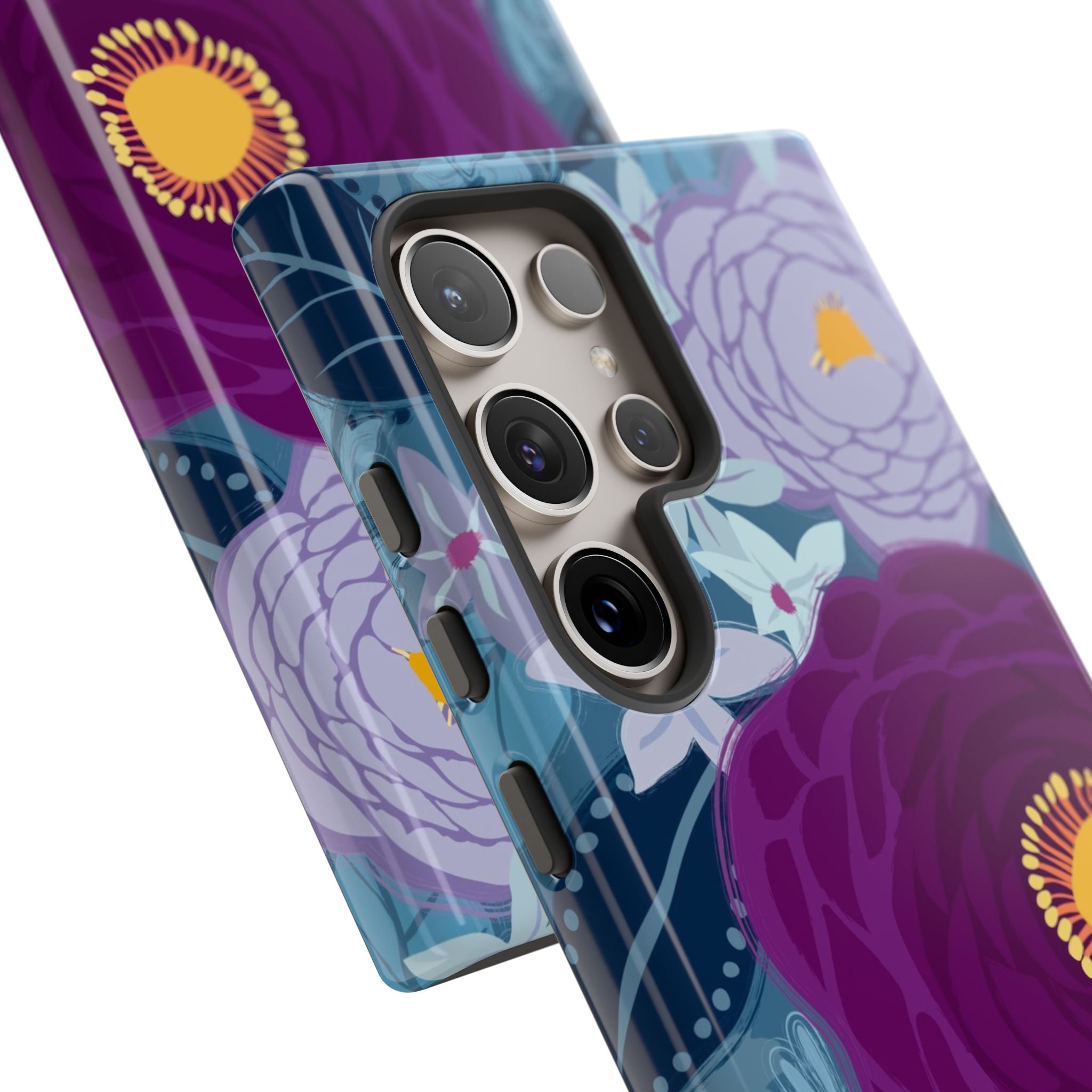 Bloomerie Samsung Galaxy S24 Ultra Case – Glossy | DETAIL of camera lenses. Case in navy, purple, magenta botanical peony floral print