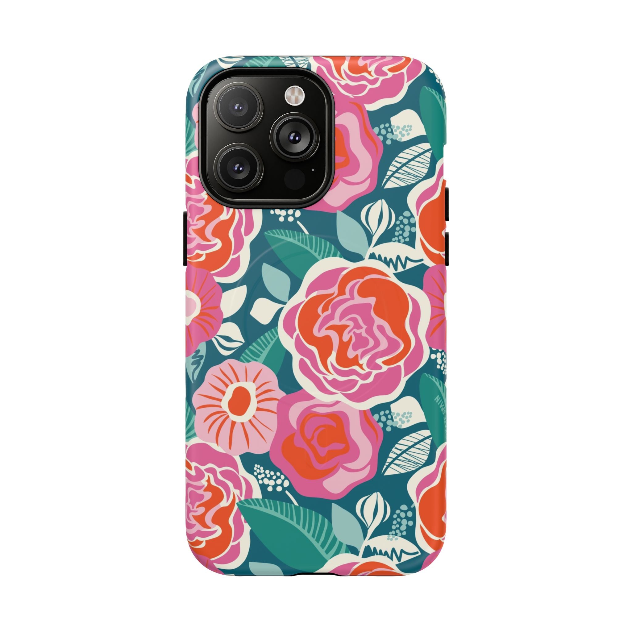 Luxury Tea Rose Teal MagSafe iPhone 14 Pro Max Case – Matte | teal, coral, pink botanical rose floral print