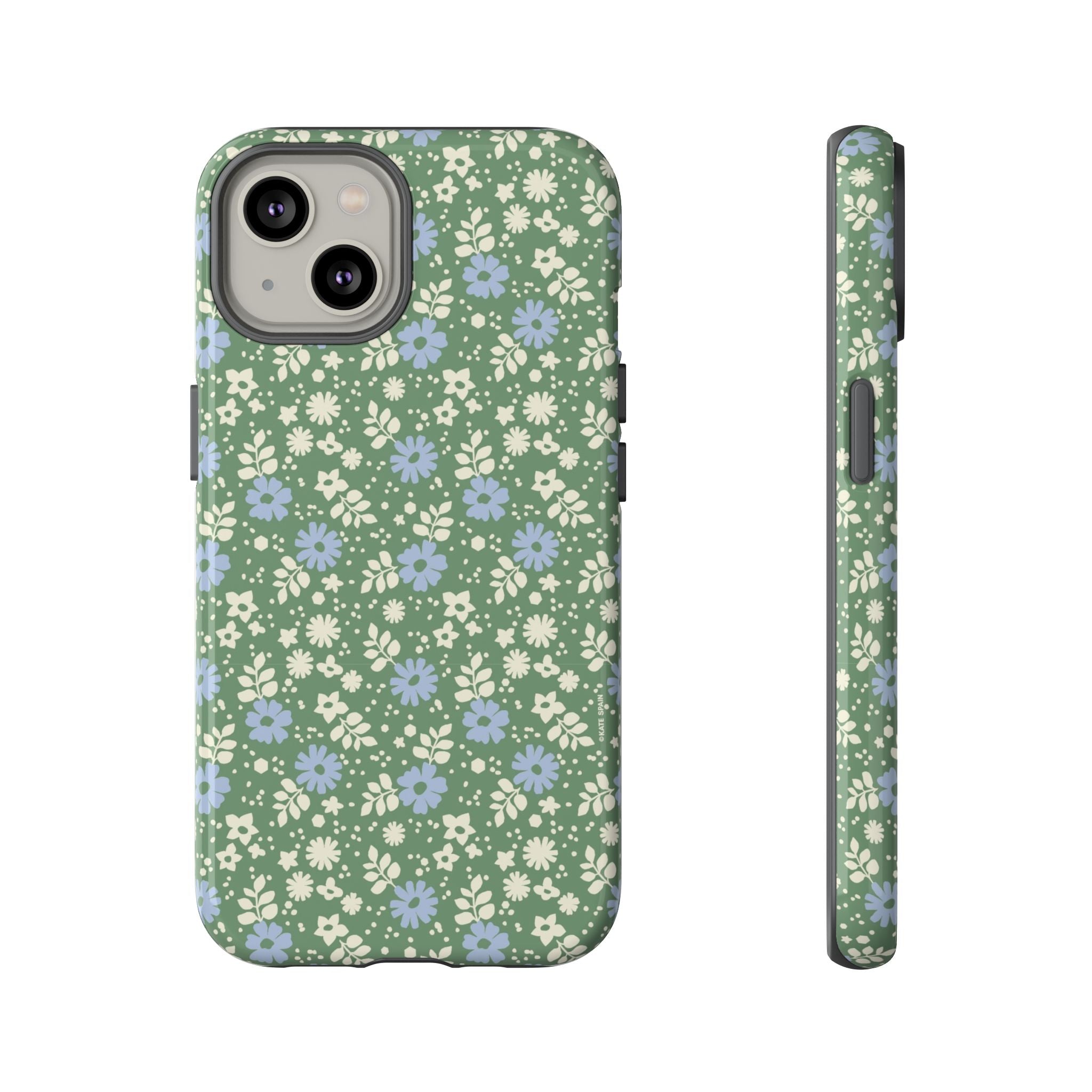 Petaline Tough iPhone 14 Case – Glossy | green, blue, cream ditsy floral print
