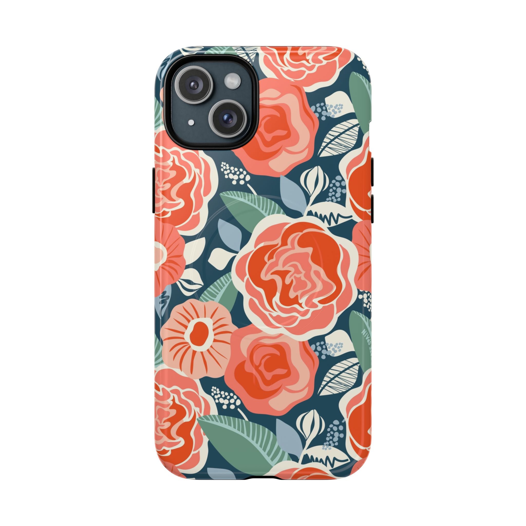 Luxury Tea Rose Navy MagSafe iPhone 15 Plus Case – Glossy | navy, coral, peach botanical rose floral print