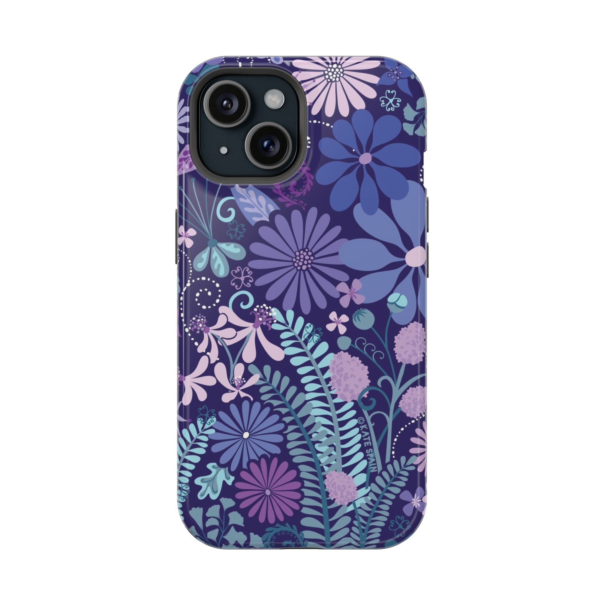 Luxury Terrain MagSafe iPhone 15 Case – Glossy | navy, purple, aqua botanical woodland floral print
