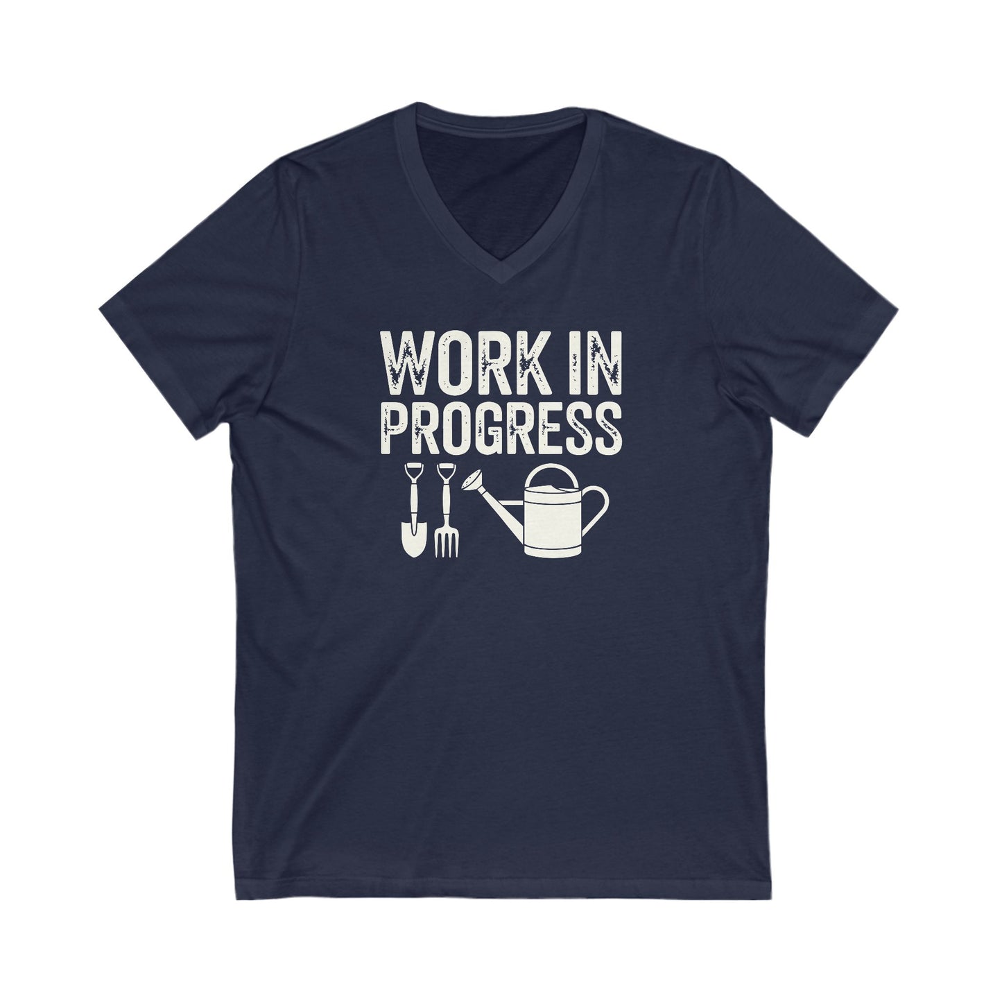 Navy Blue colored vneck t-shirt with white words that say 'Work in Progress' in distressed style text. Below the words are graphic images of gardening tools including a shovel, pitchfork and watering can.