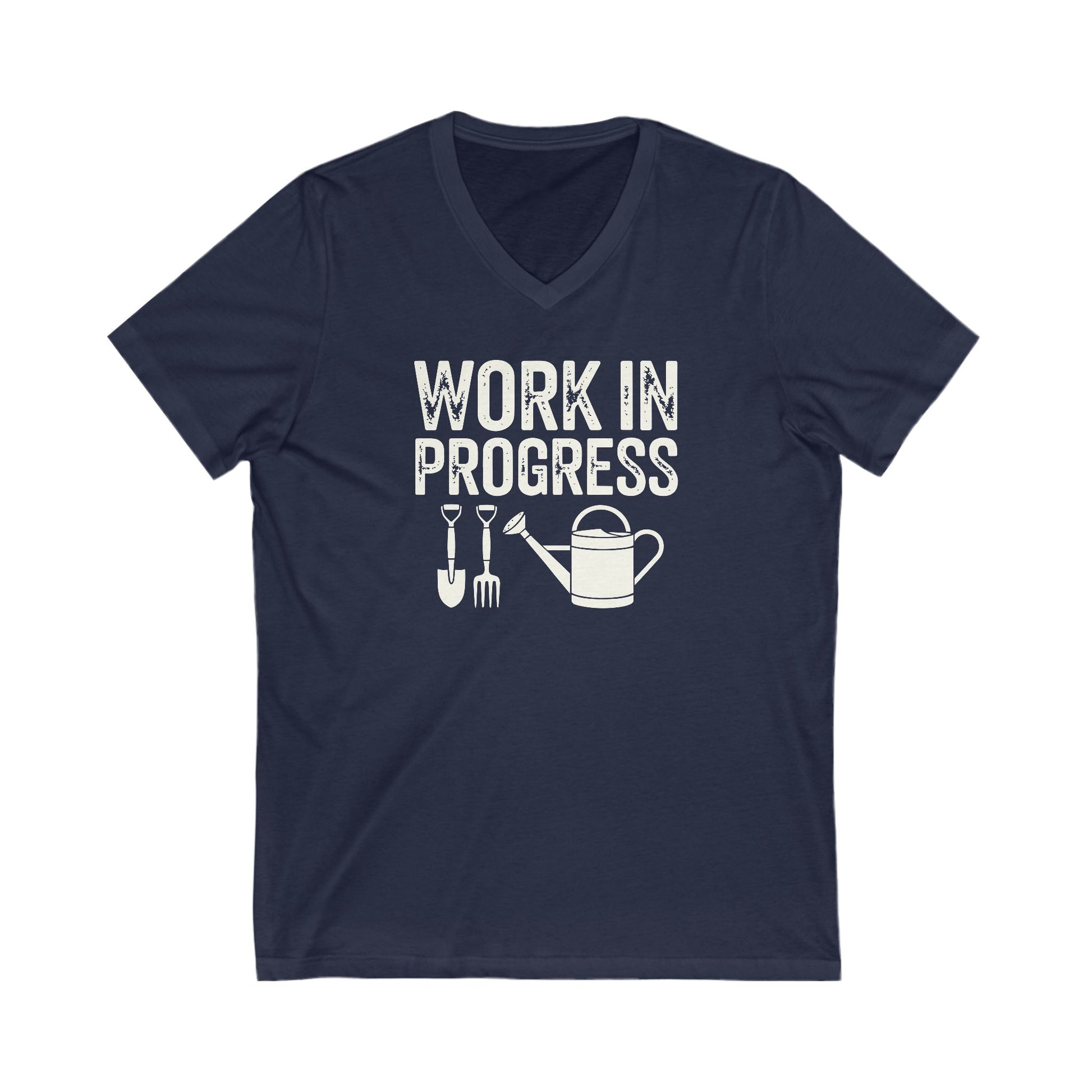 Navy Blue colored vneck t-shirt with white words that say 'Work in Progress' in distressed style text. Below the words are graphic images of gardening tools including a shovel, pitchfork and watering can.