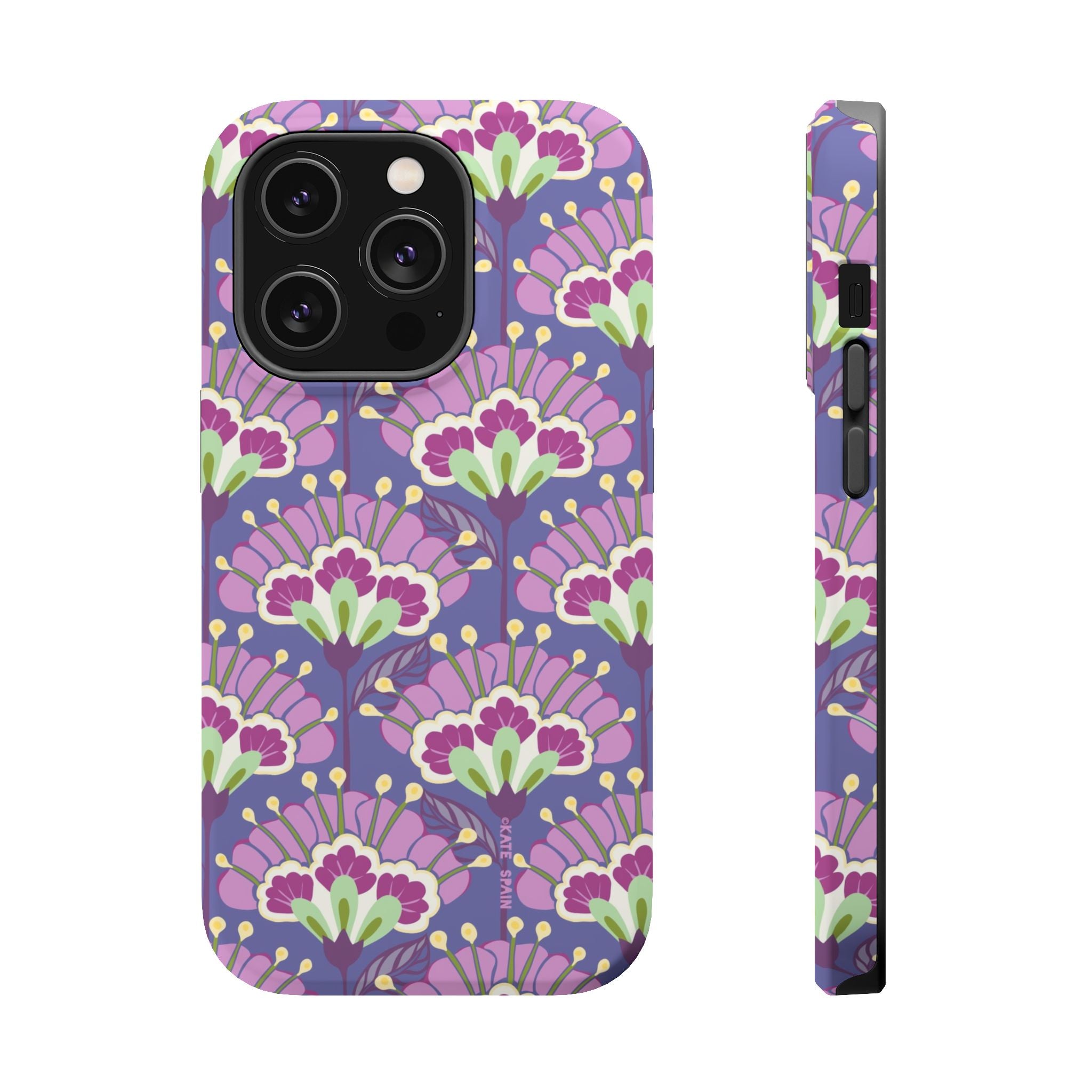 Lantern Flower MagSafe iPhone 14 Pro Case – Matte | periwinkle, purple, mauve, sage botanical lantern floral print MagSafe compatible, dual-layer protection