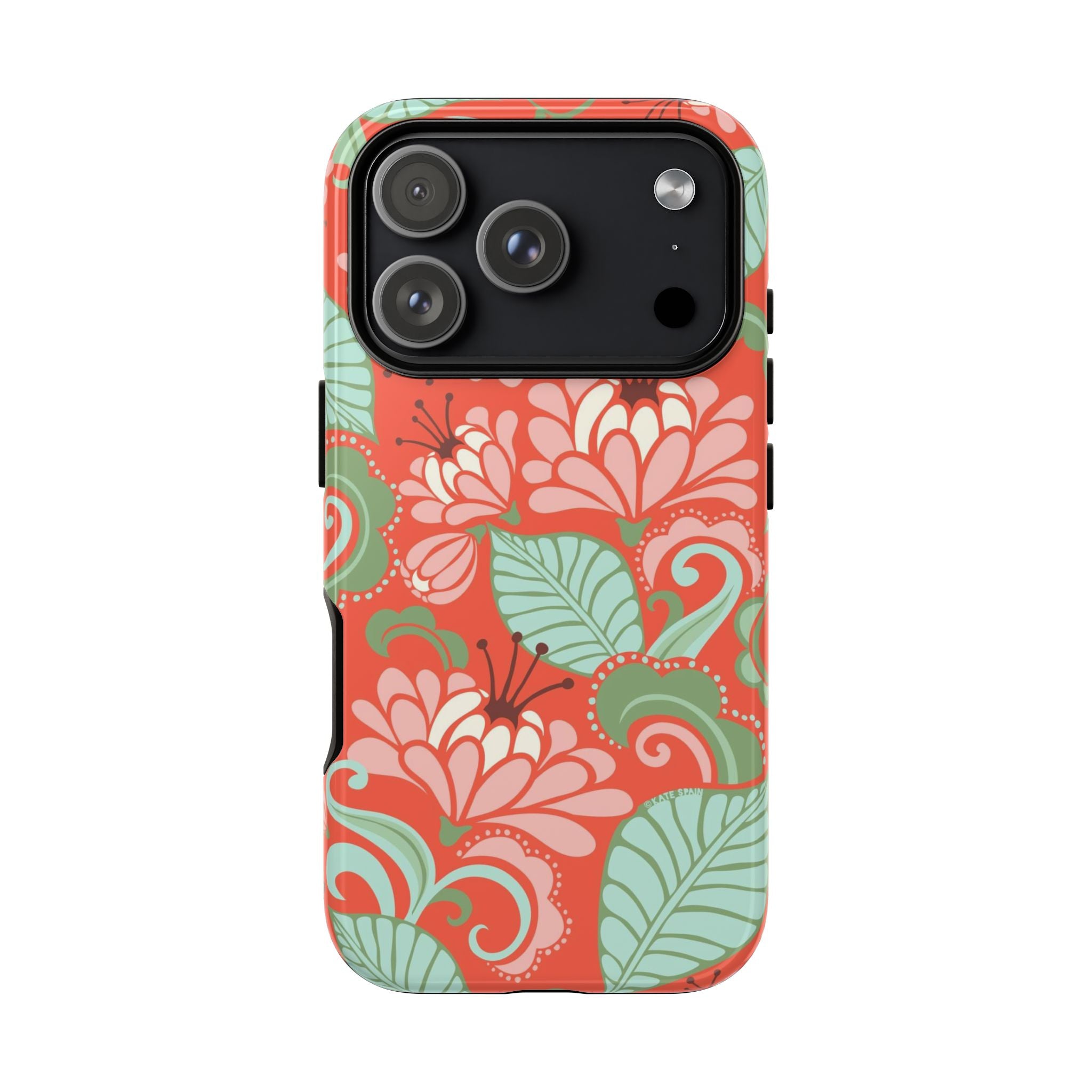 Sarabande Tough iPhone 17 Pro Case – Glossy | coral, pink, cream, green botanical floral print