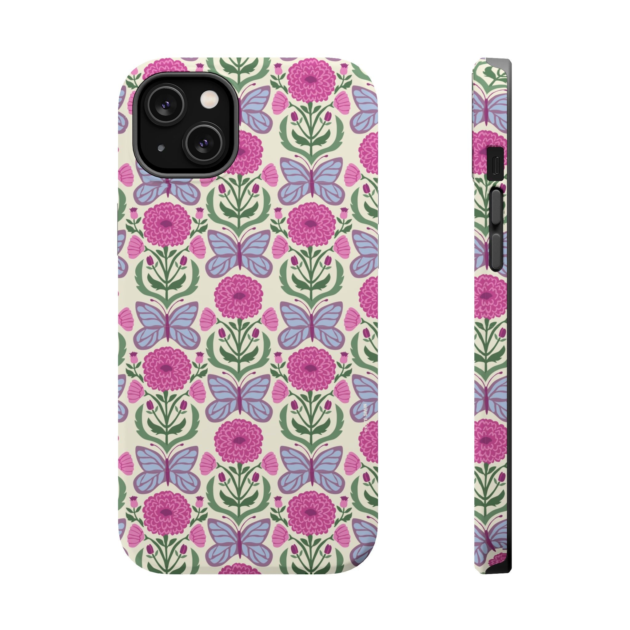 Butterfly MagSafe iPhone 14 Plus Case – Matte | cream, magenta, periwinkle butterfly floral print