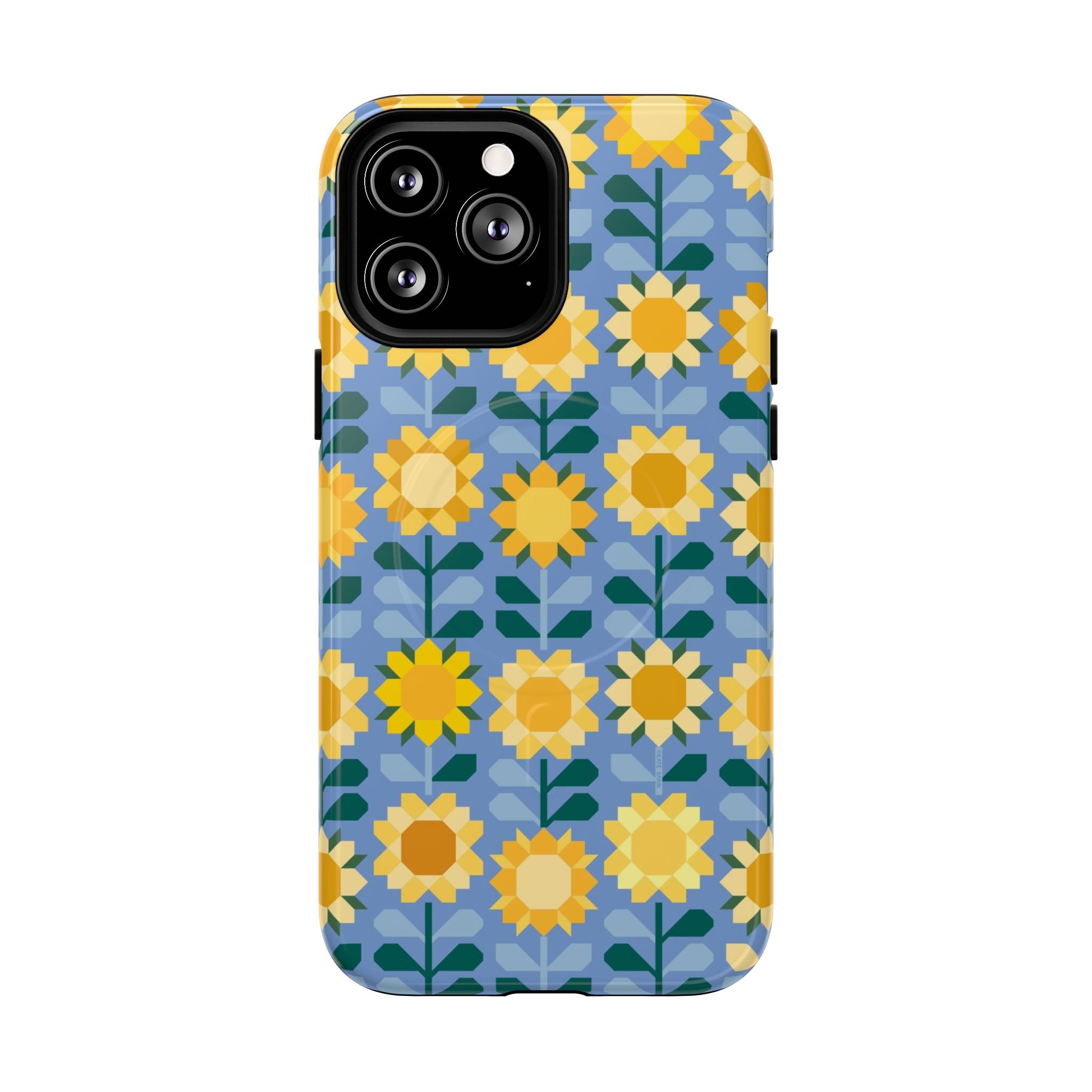 Sunflowers MagSafe iPhone 13 Pro Max Case – Glossy | blue, yellow, gold geometric sunflower print