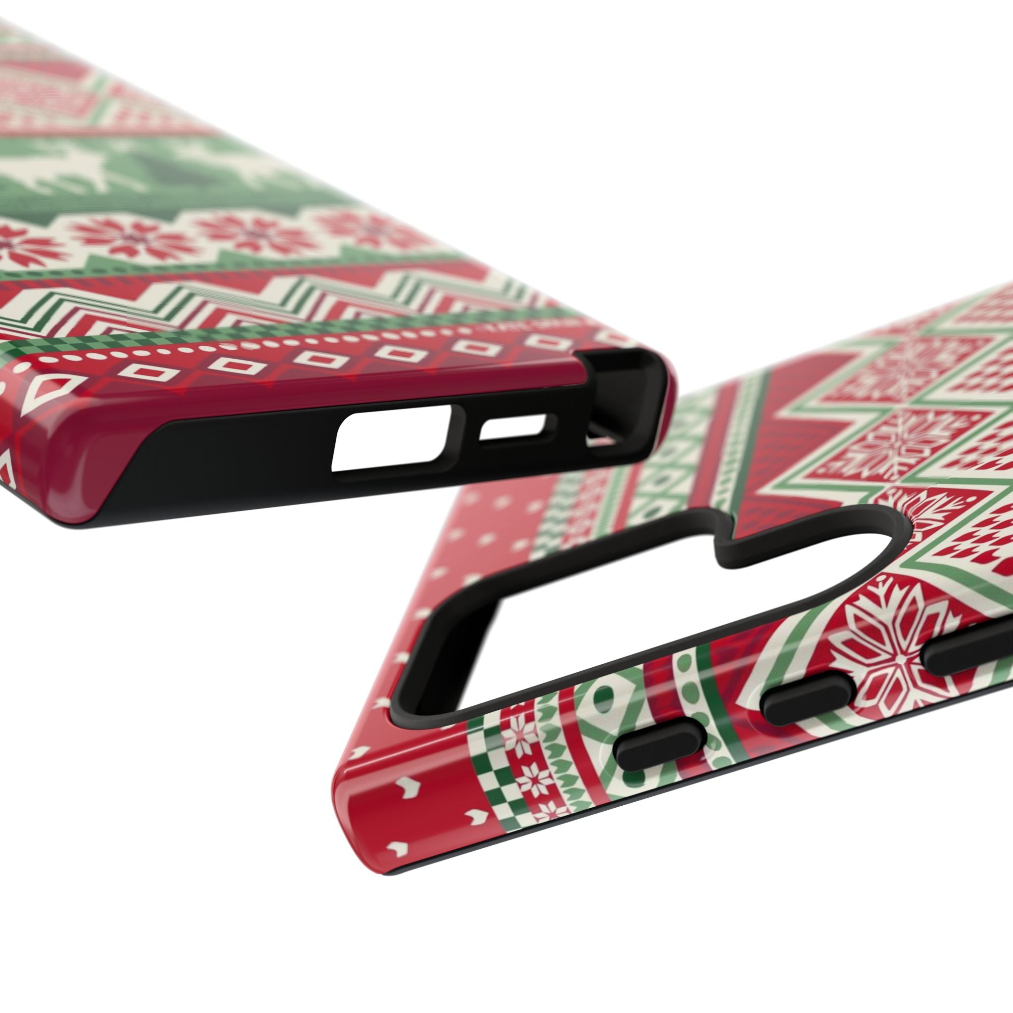 Luxury Telemark Samsung S24 Ultra Case – side view of the case buttons and ports | red, green, cream Nordic fair isle reindeer print