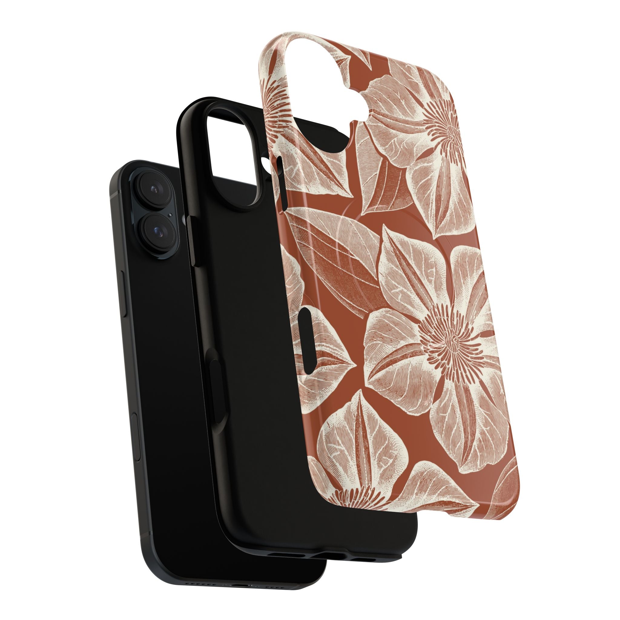 Vintage Bloom Sienna MagSafe iPhone 16 Pro Max – Glossy | sienna ground, large-scale cream clematis print, dual-layer case and inner lining detail with camera cutout view