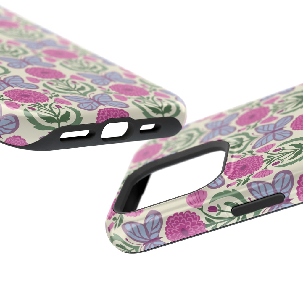 Butterfly MagSafe iPhone 17 Pro Max Case – close up of camera cutout and ports | cream, magenta, periwinkle butterfly floral print