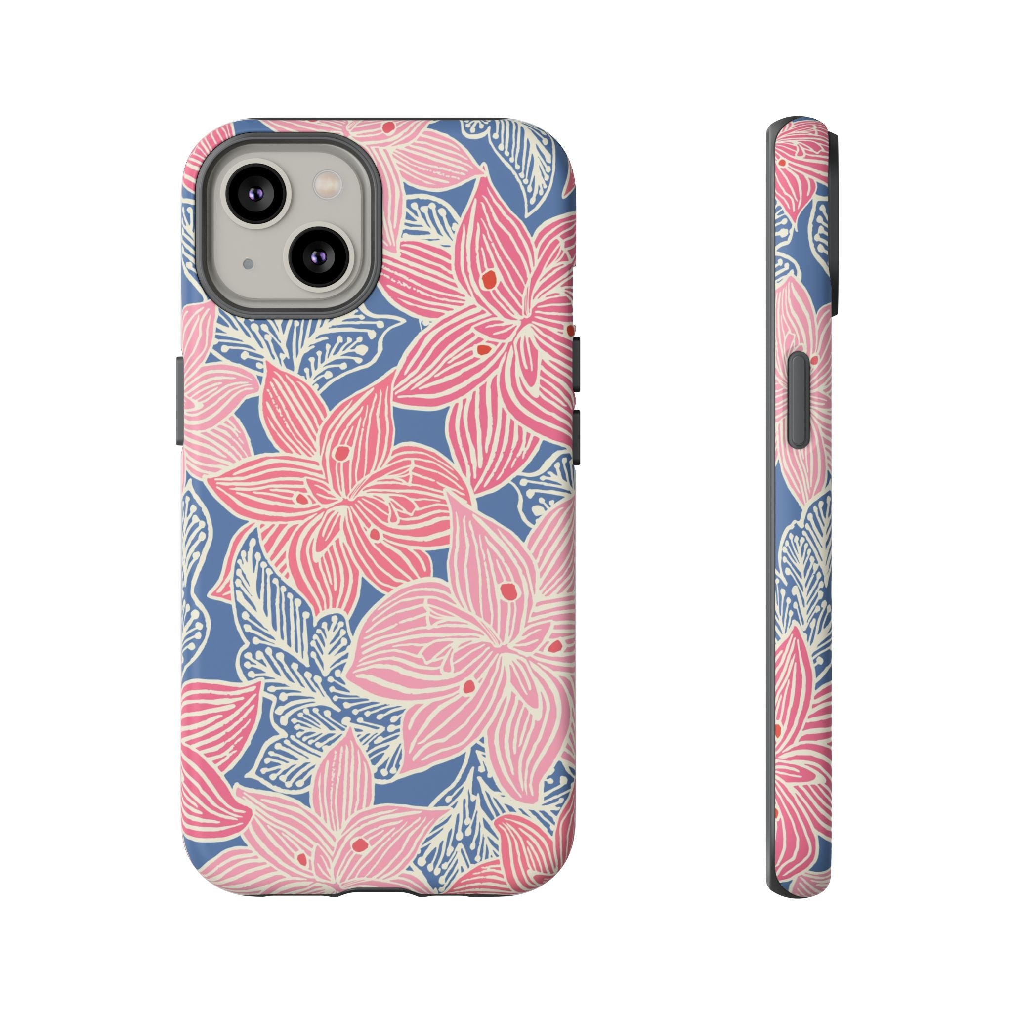 Hibiscus Lagoon Tough iPhone 14 Case – Matte | coral, blush, cream, dusty blue hibiscus botanical print
