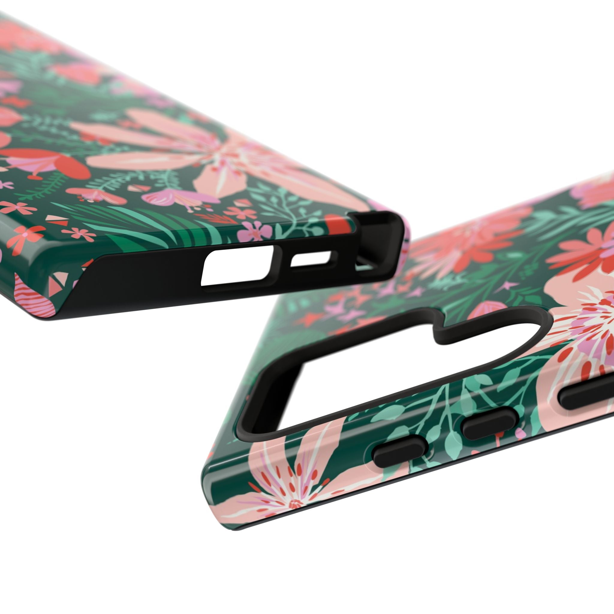 cal Bonaire Samsung Galaxy S24 Ultra Case – Glossy | sides, buttons, and ports of protective case in jade, pink, white tropical floral botanical print