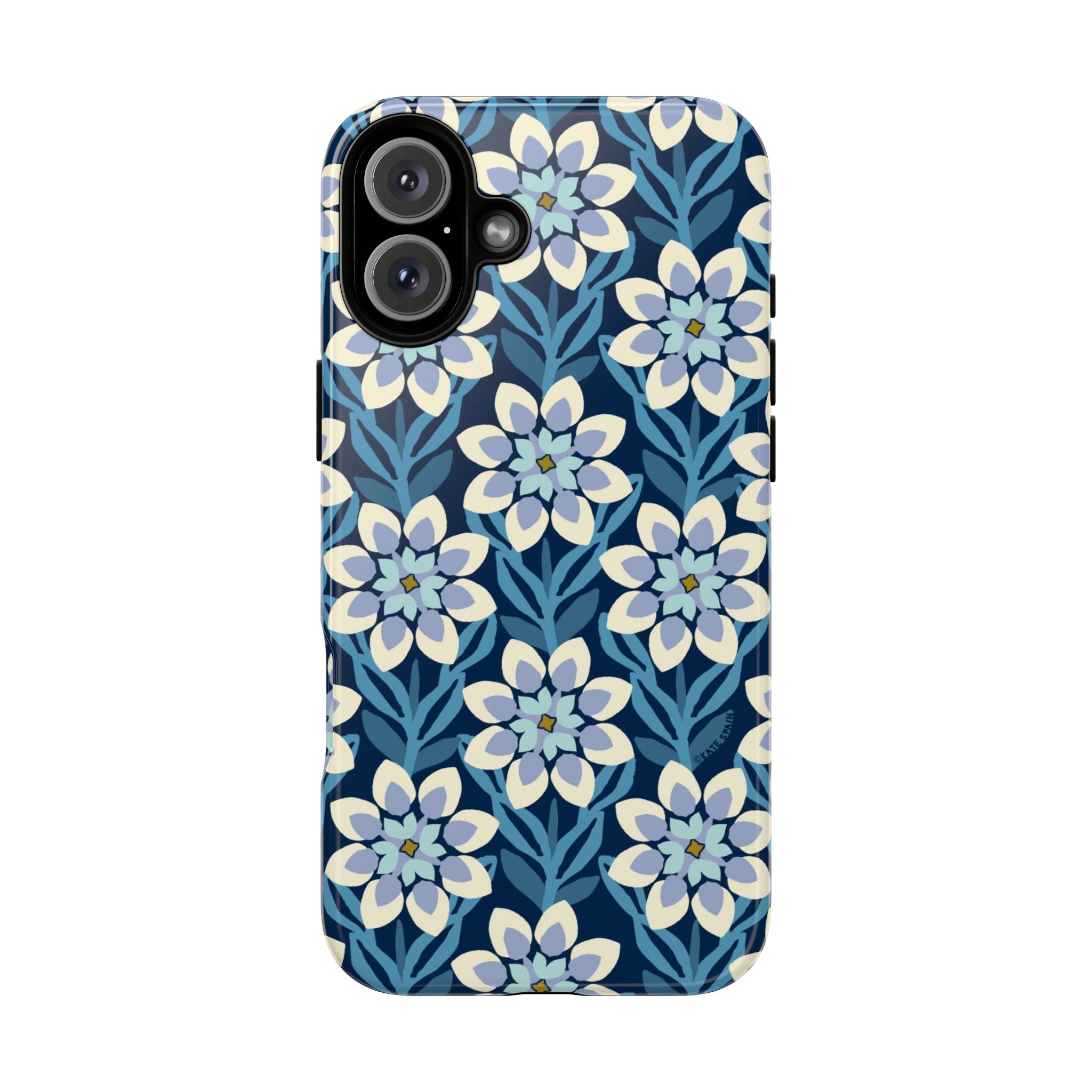 Designer Modern Dahlia Tough iPhone 16 Plus Case – Glossy | navy, cobalt, white dahlia floral print