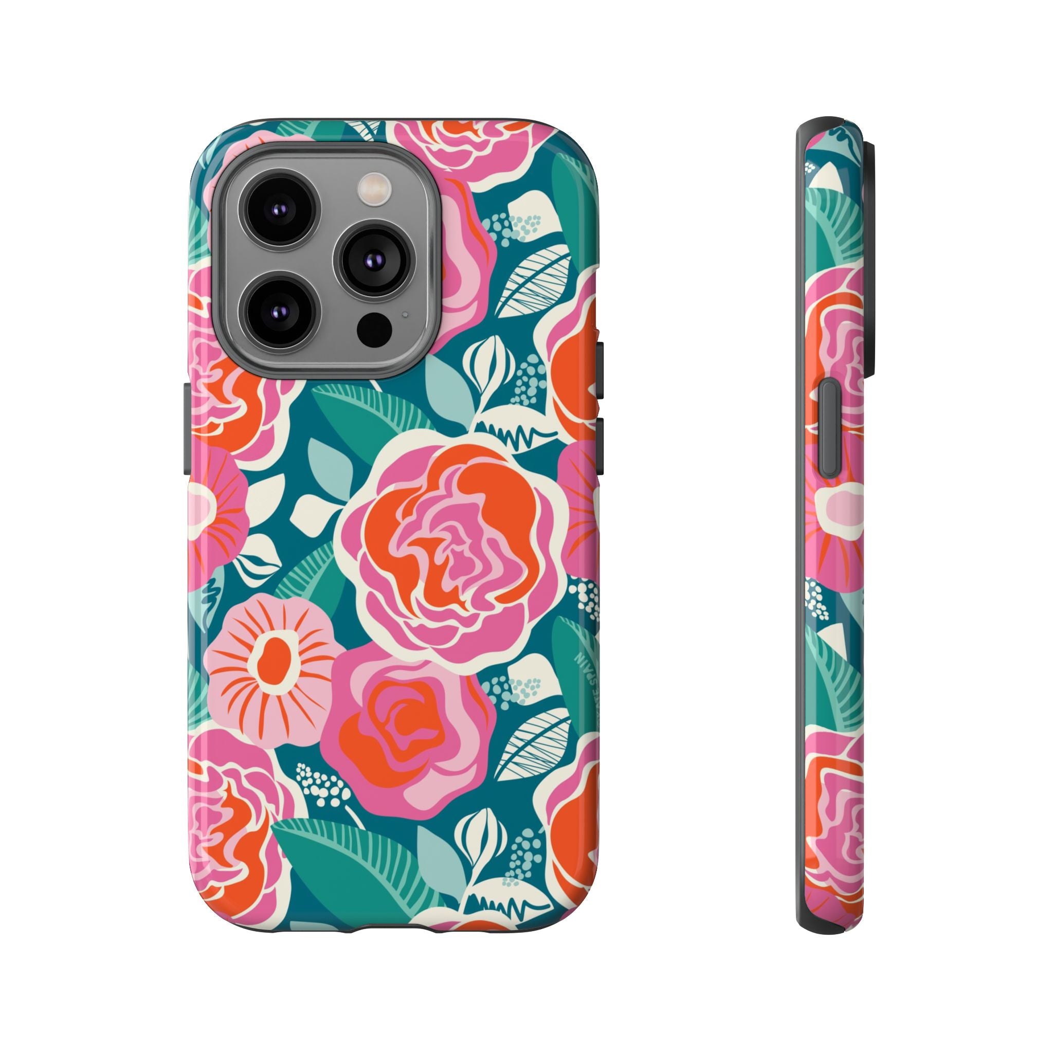 Tea Rose Teal Tough iPhone 14 Pro Case – Glossy | teal, coral, pink botanical rose floral print