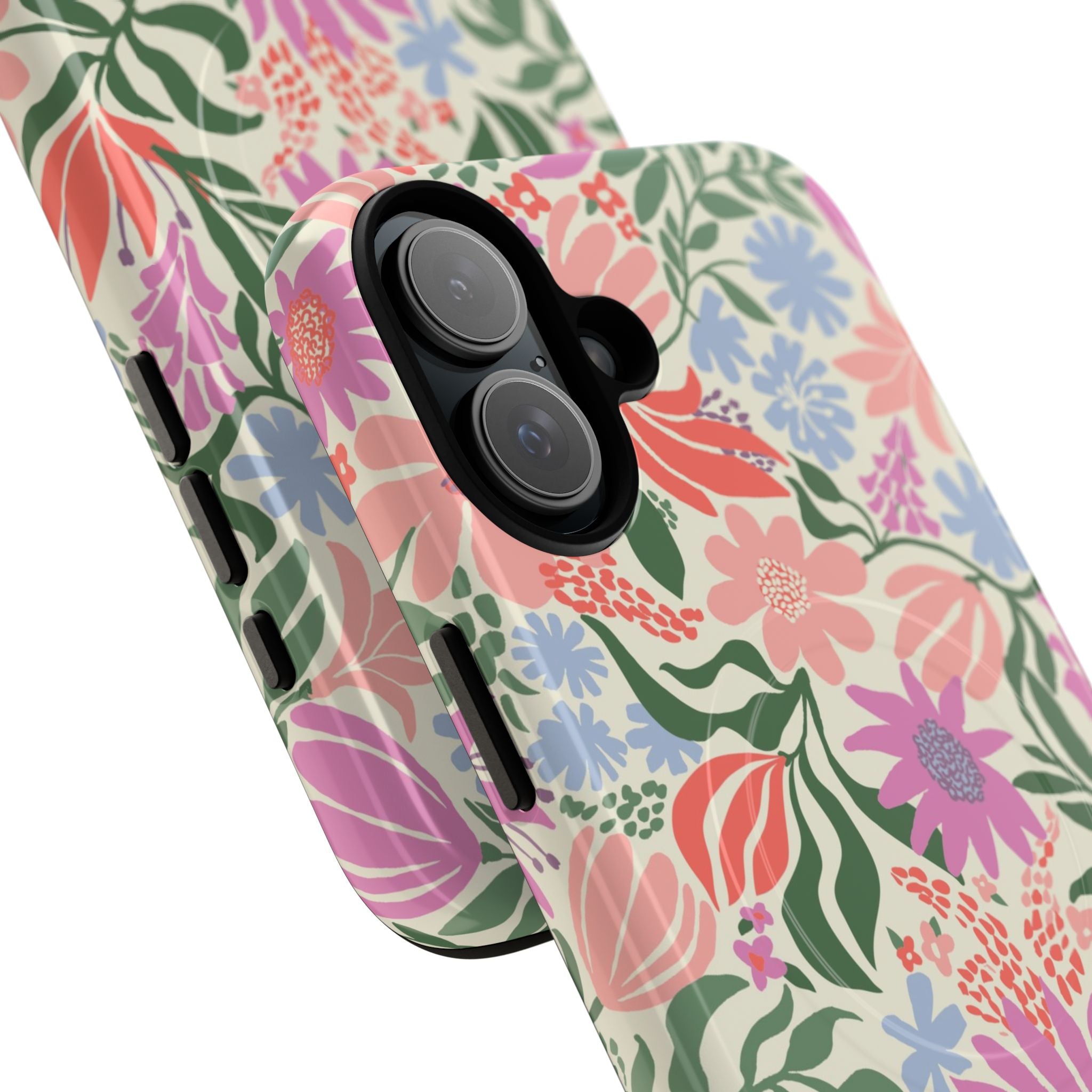 Botanica Pastel MagSafe iPhone 16 Plus Case – Glossy | angled view closeup of camera cutout and buttons