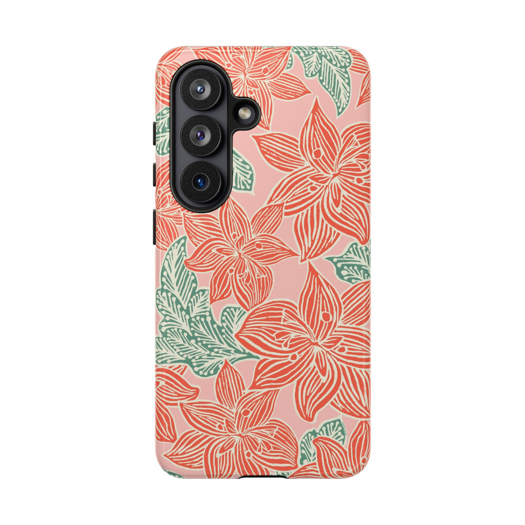 Hibiscus Coral Samsung Galaxy S26 Glossy Case — blush pink hard case with large-scale coral red hibiscus flowers and teal-green leaves in a bold botanical linework print, densely layered across the surface